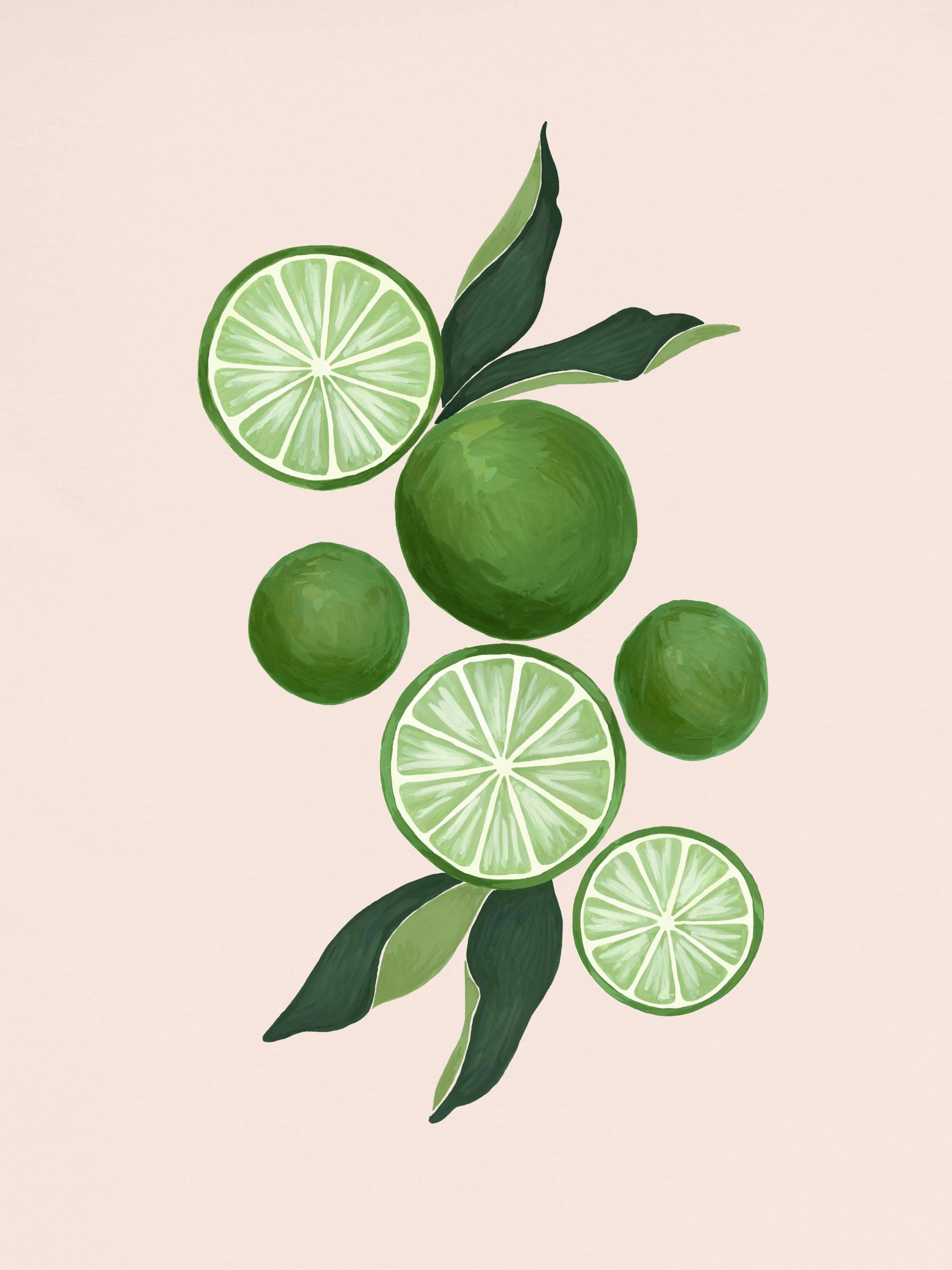 A poster featuring a collection of green limes, sliced and whole, with dark green leaves on a light pink background.