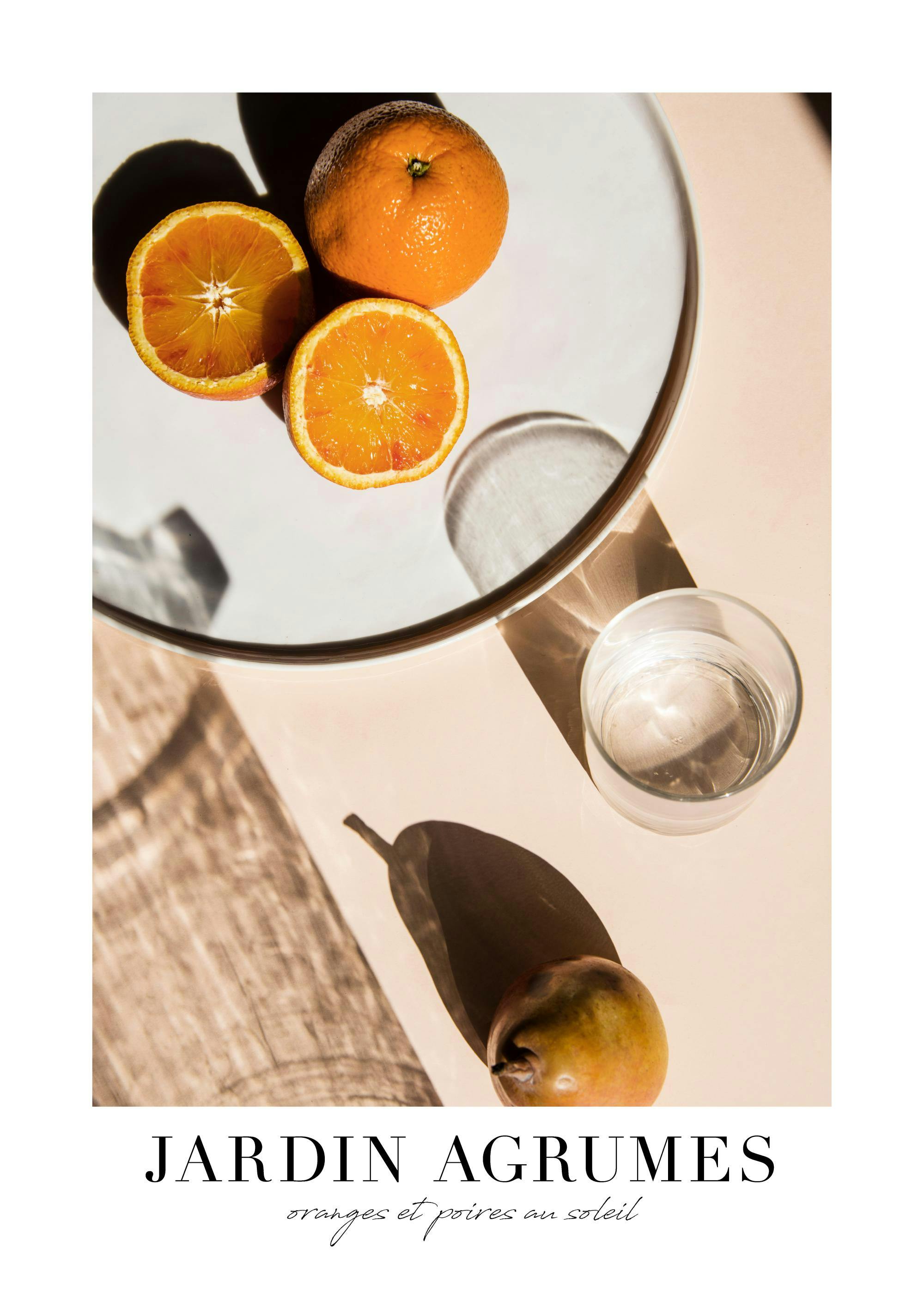 A poster featuring a top-down view of oranges, a glass of water, and a pear on a cream surface with harsh shadows.
