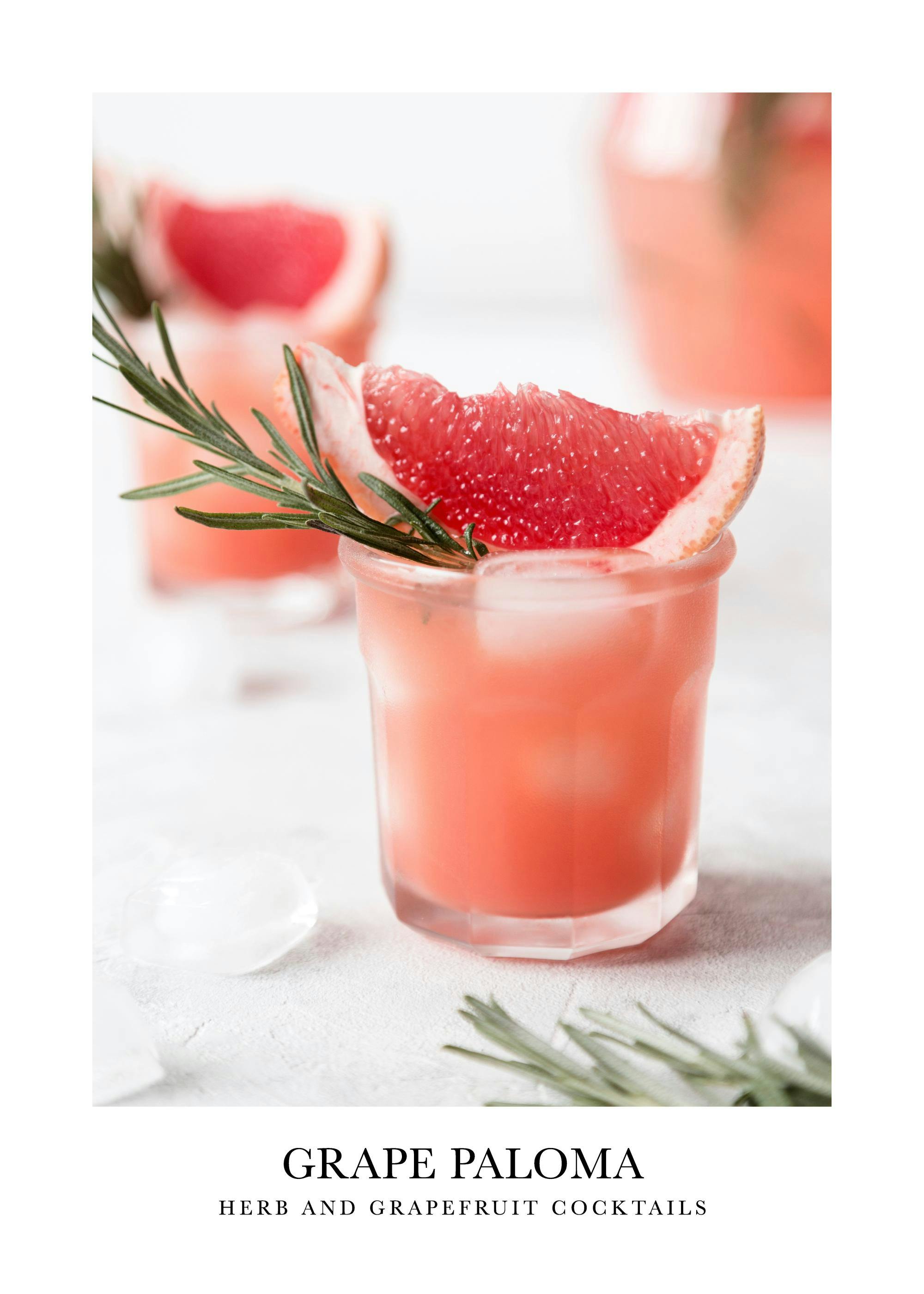 A poster featuring a close-up of a pink grapefruit cocktail with a rosemary sprig and grapefruit slice.