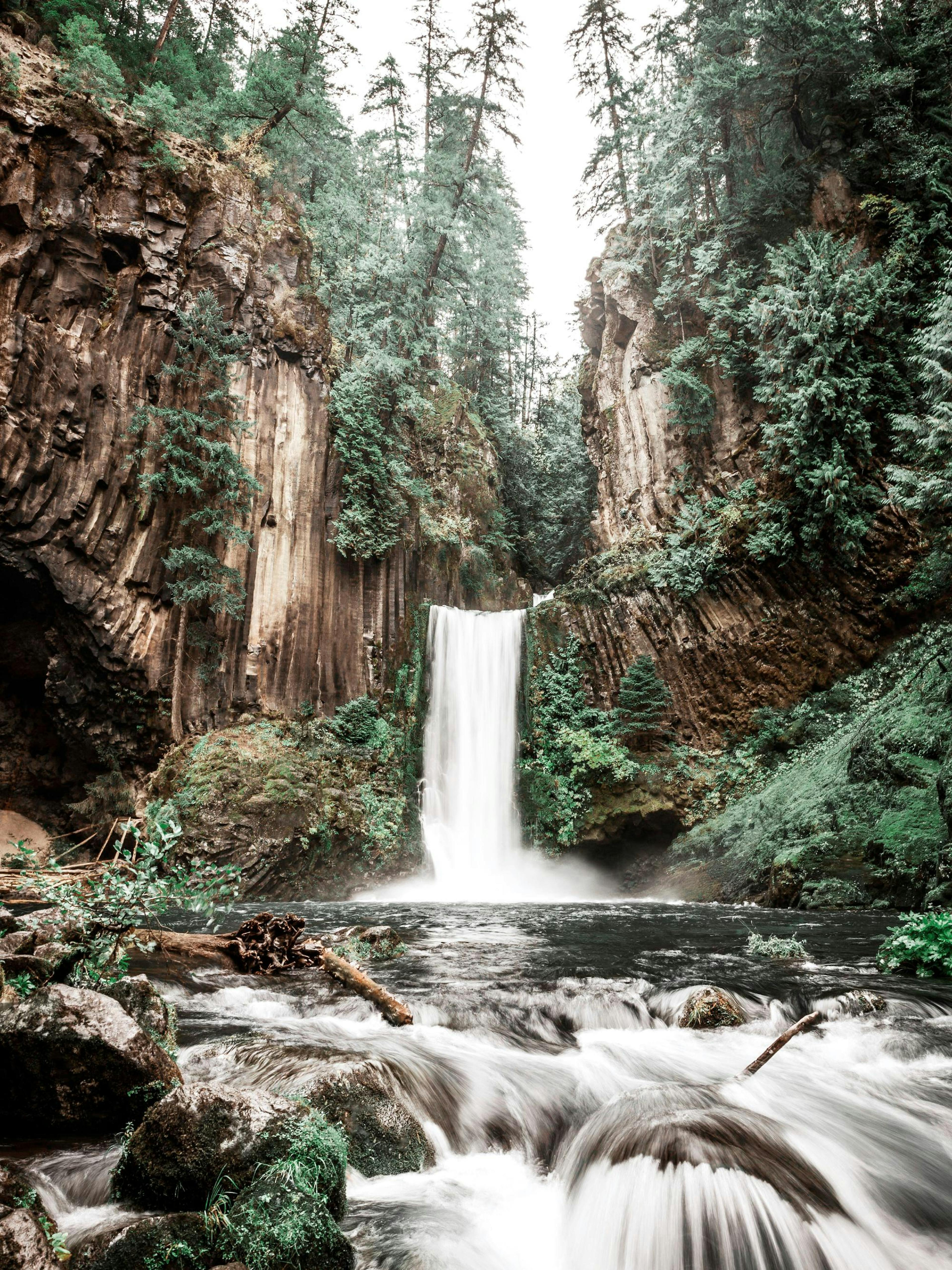A poster featuring a majestic waterfall cascading into a rocky river, surrounded by lush green trees and towering cliffs.