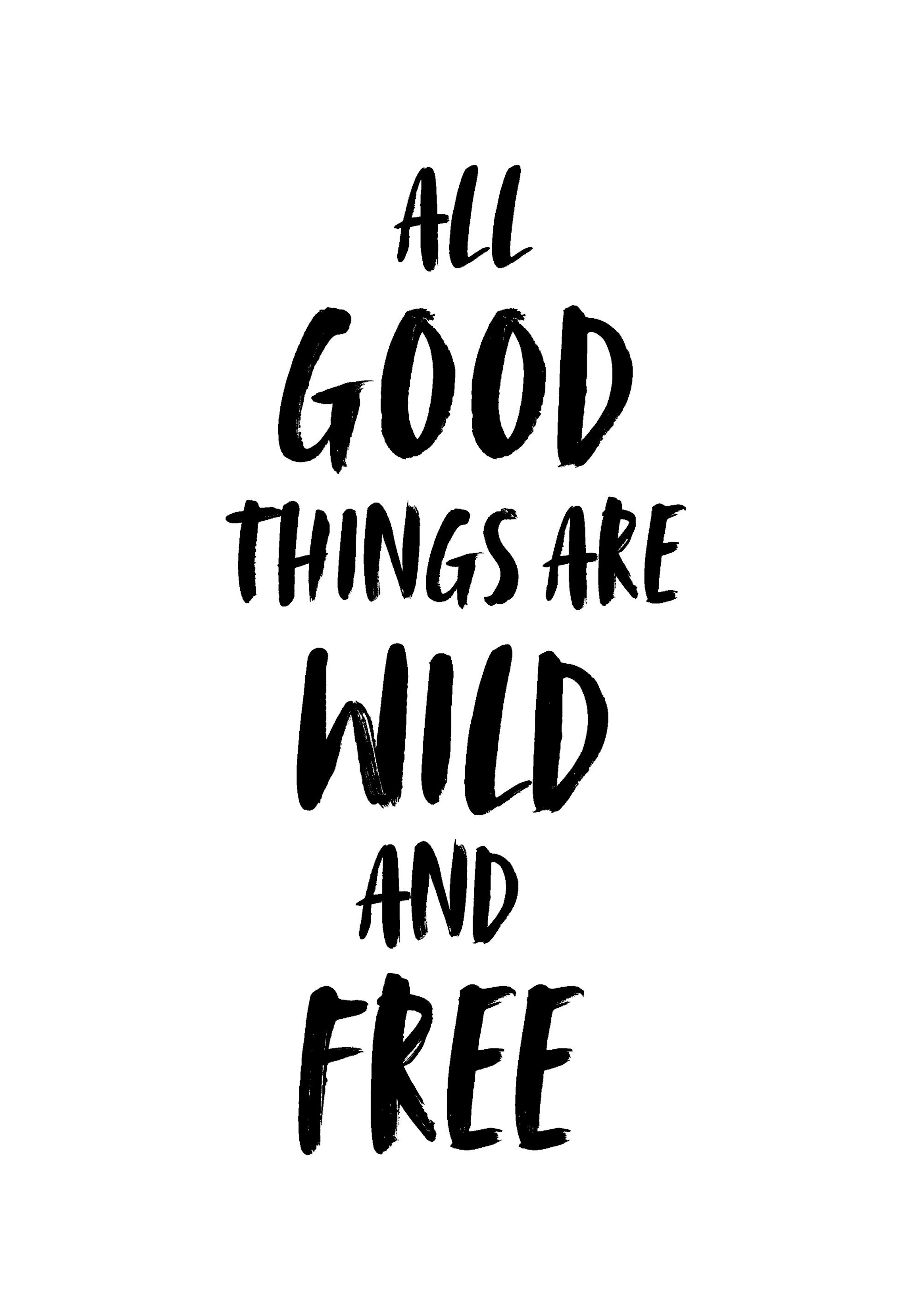 A poster featuring the quote ALL GOOD THINGS ARE WILD AND FREE in bold, black brushstroke typography on a white background.