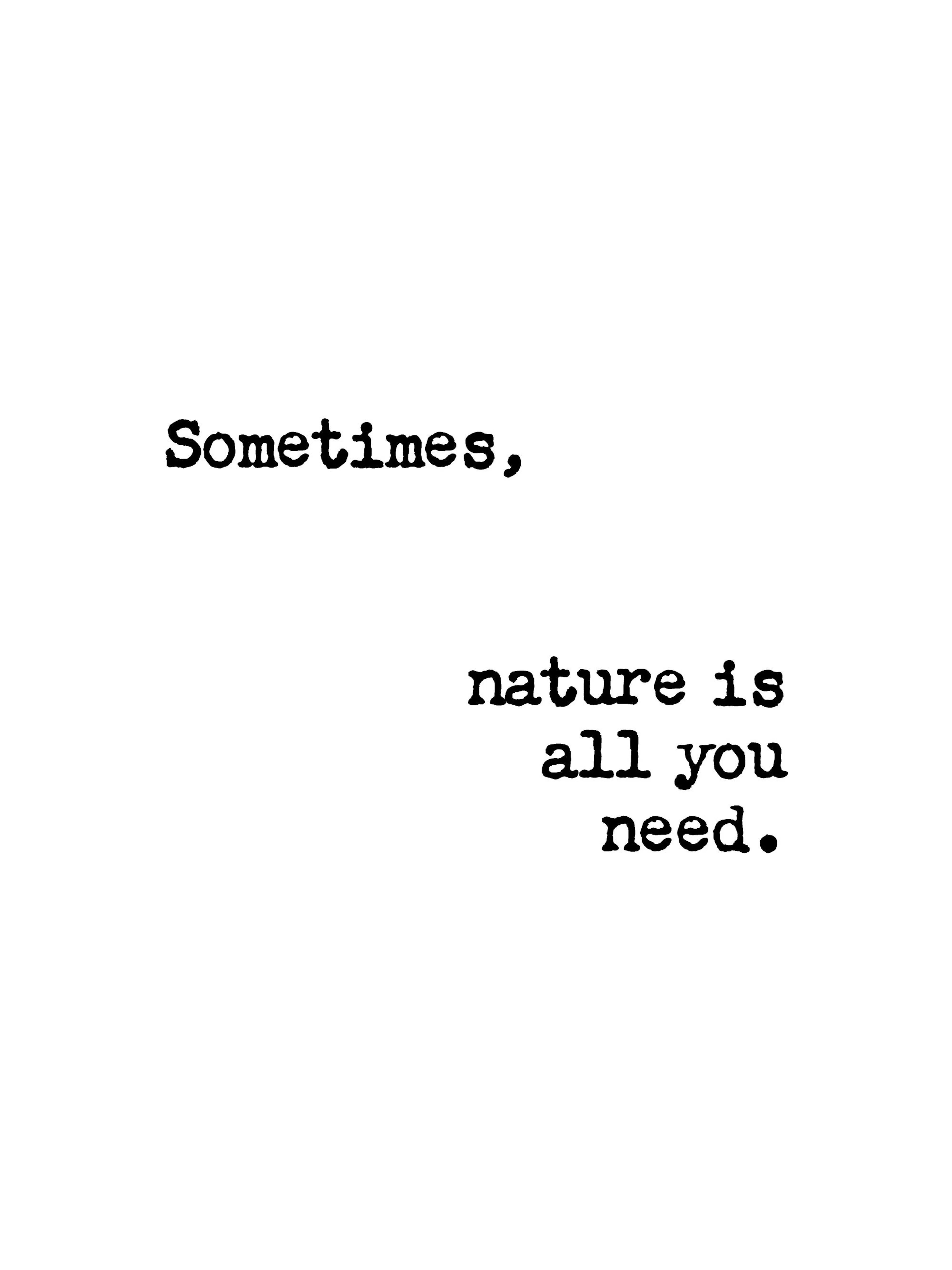Un poster minimalista con la frase Sometimes, nature is all you need in nero su fondo bianco.