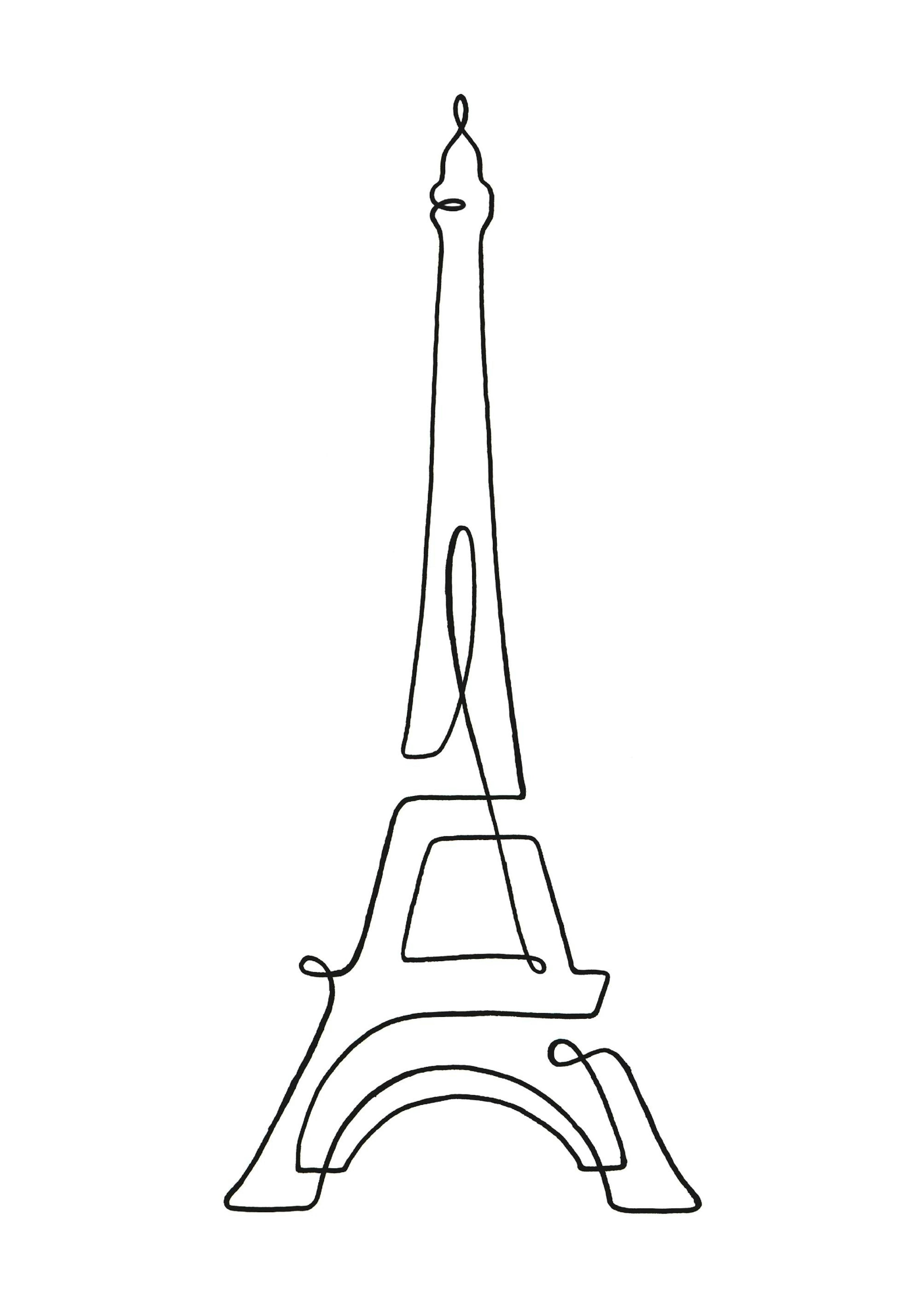 Plakat z wieżą Eiffla narysowaną jedną ciągłą czarną linią na białym tle, minimalistyczny styl.
