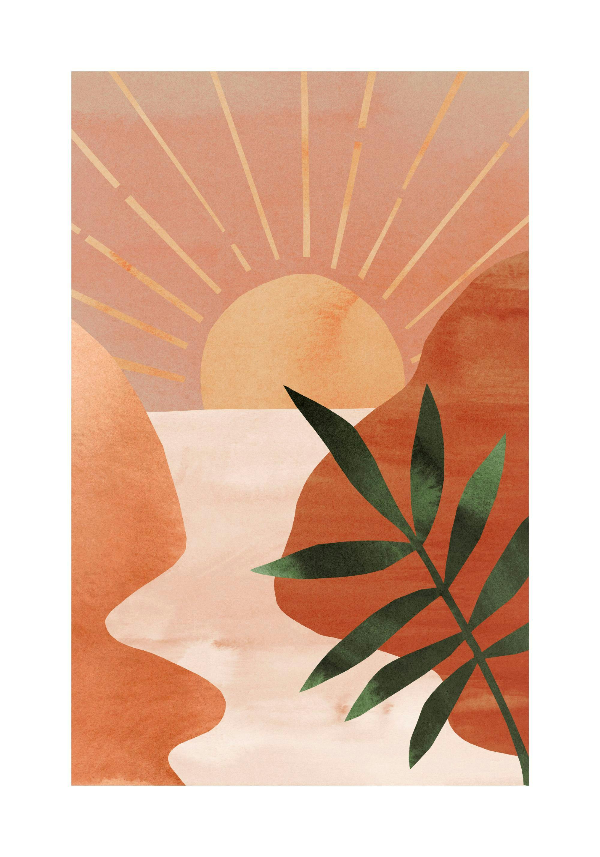 A poster depicting a sunset over water with abstract orange landforms and a green palm leaf.