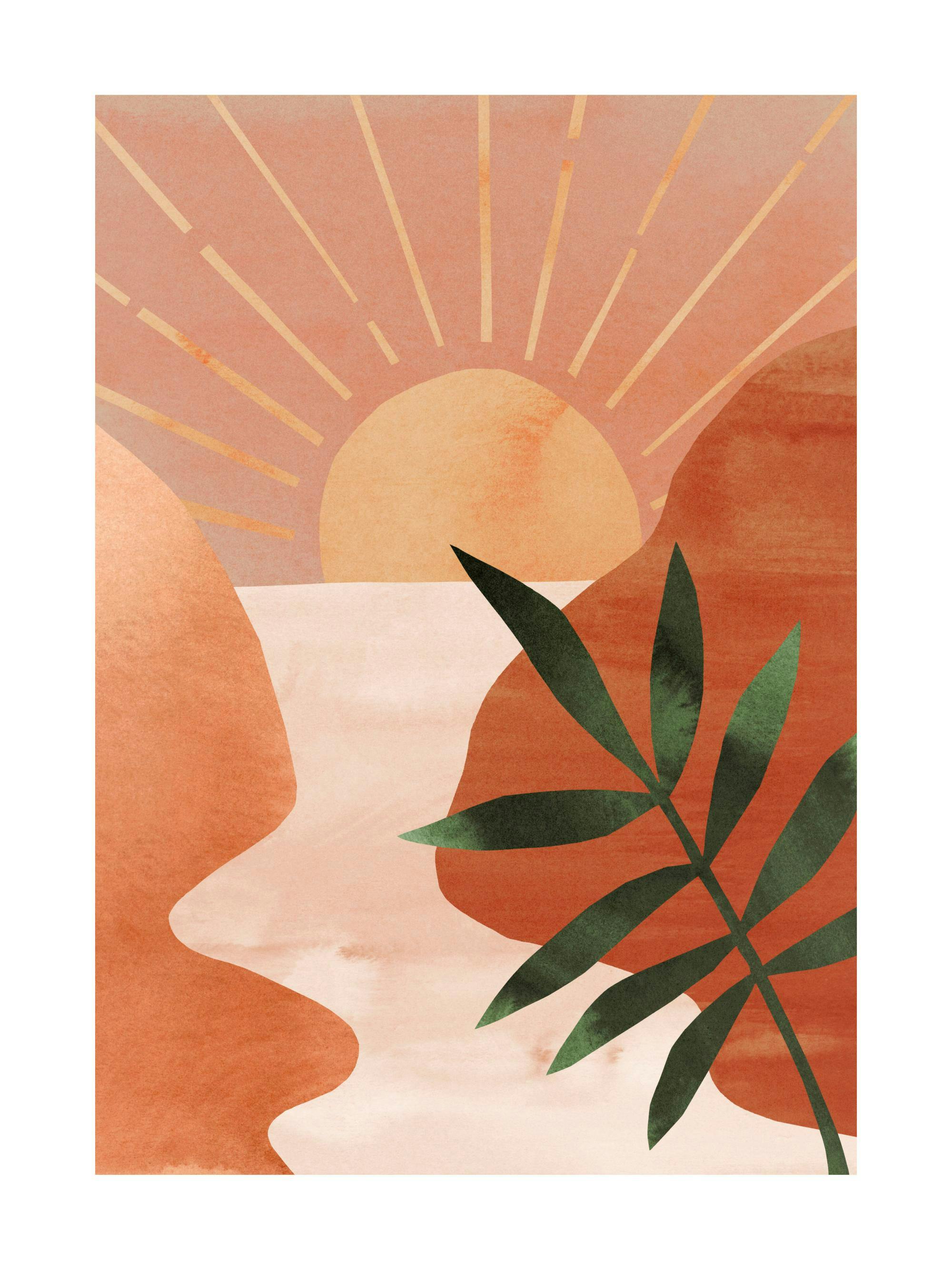 Poster abstrait avec un soleil levant, des formes organiques terracotta et une feuille de palmier sombre.