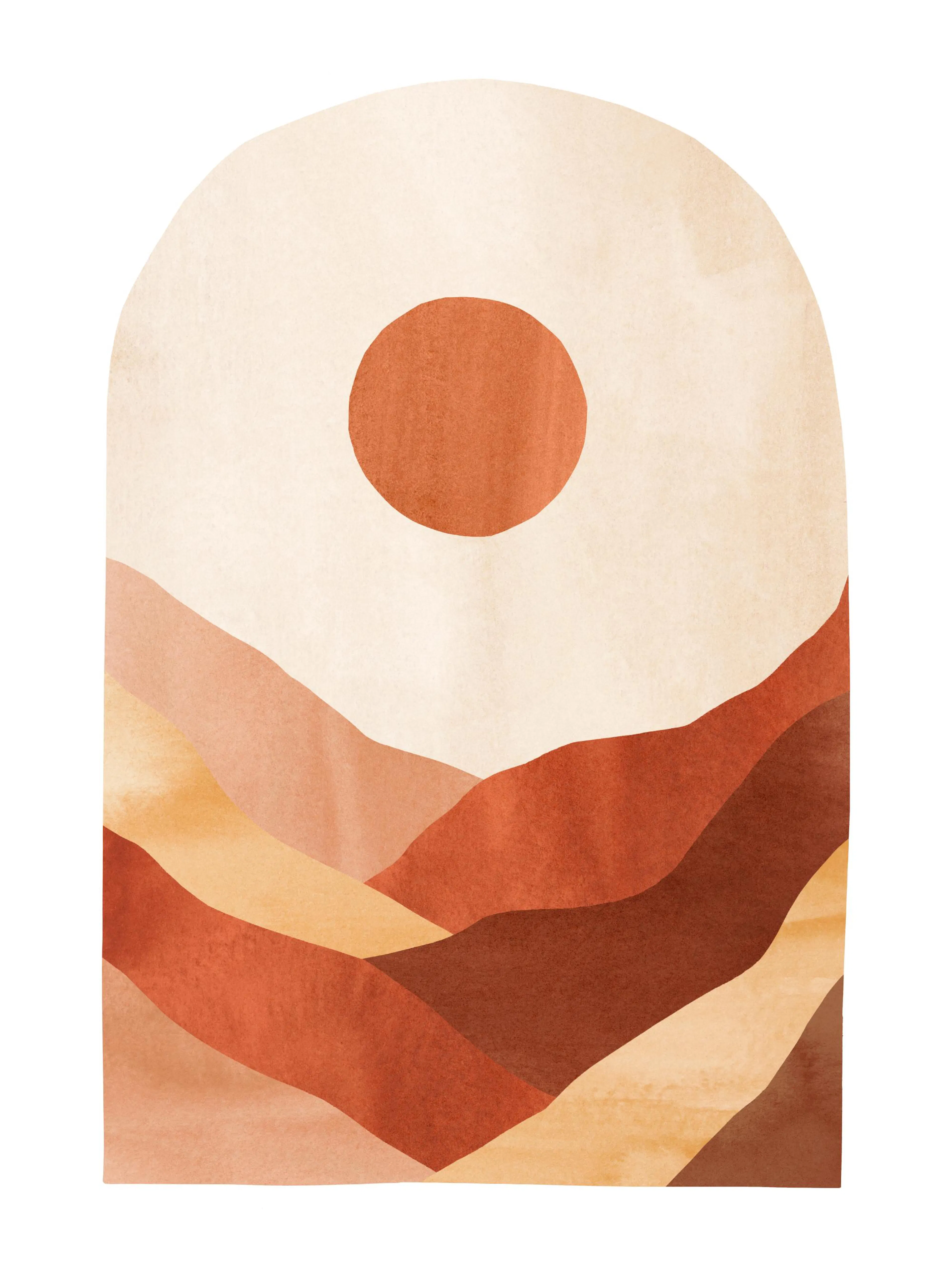 A poster featuring a desert landscape with terracota, rust, and brown hills under a red sun on a light background.