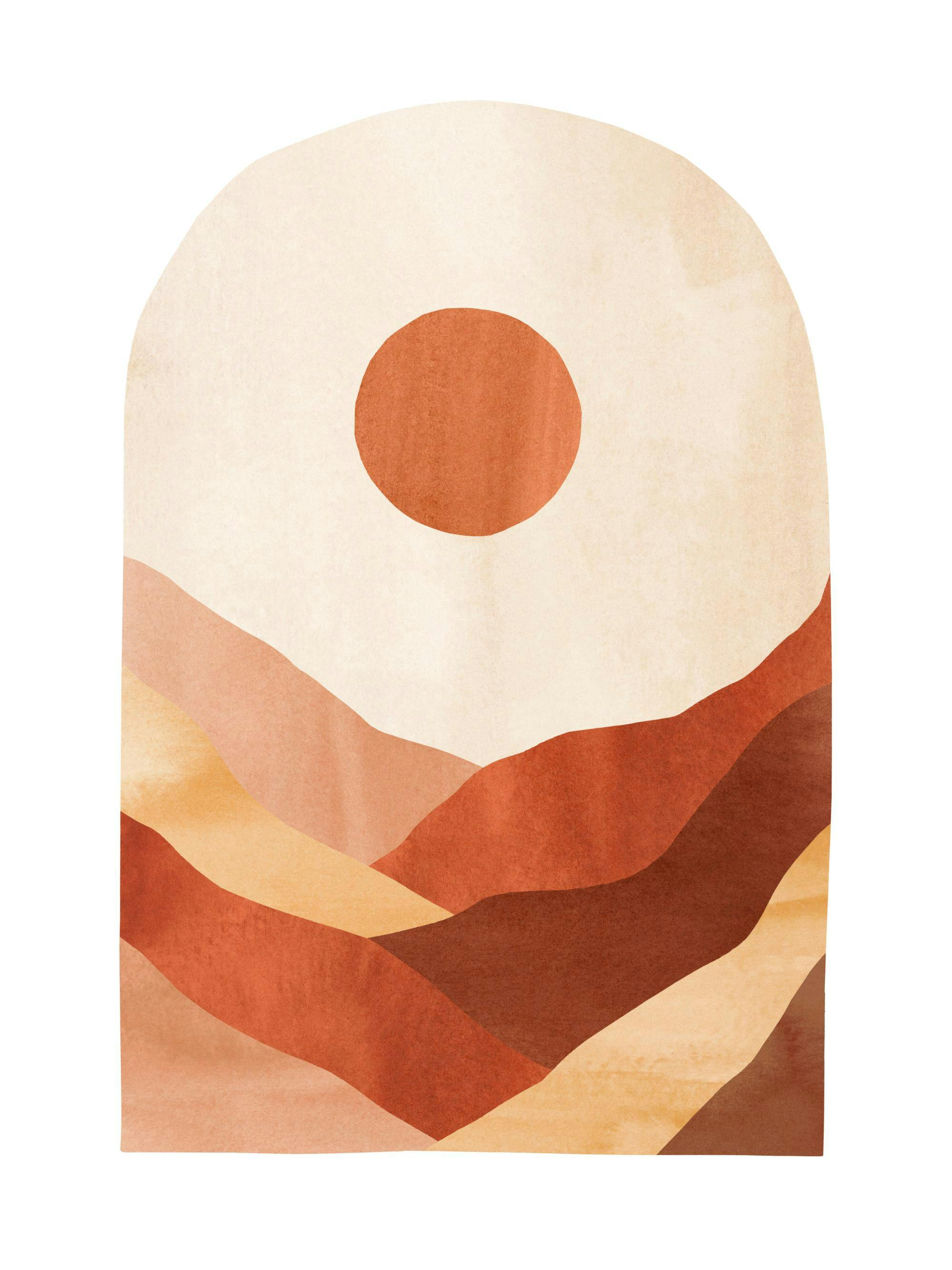 A poster featuring a desert landscape in earthy peach, brown, and terracotta tones with a large sun.
