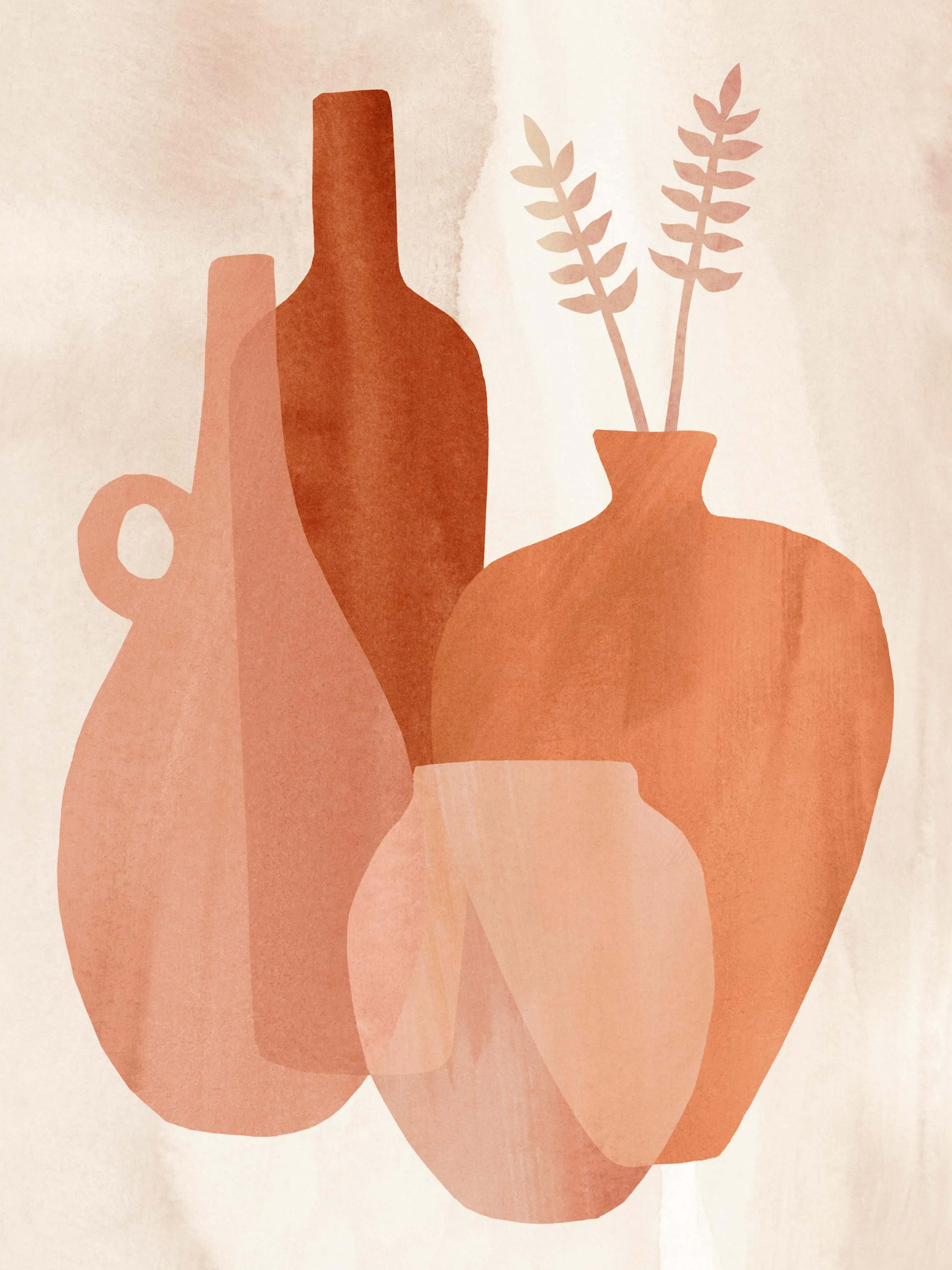 Poster avec des vases et bouteilles de couleur rouille et pêche, aux formes abstraites et organiques.