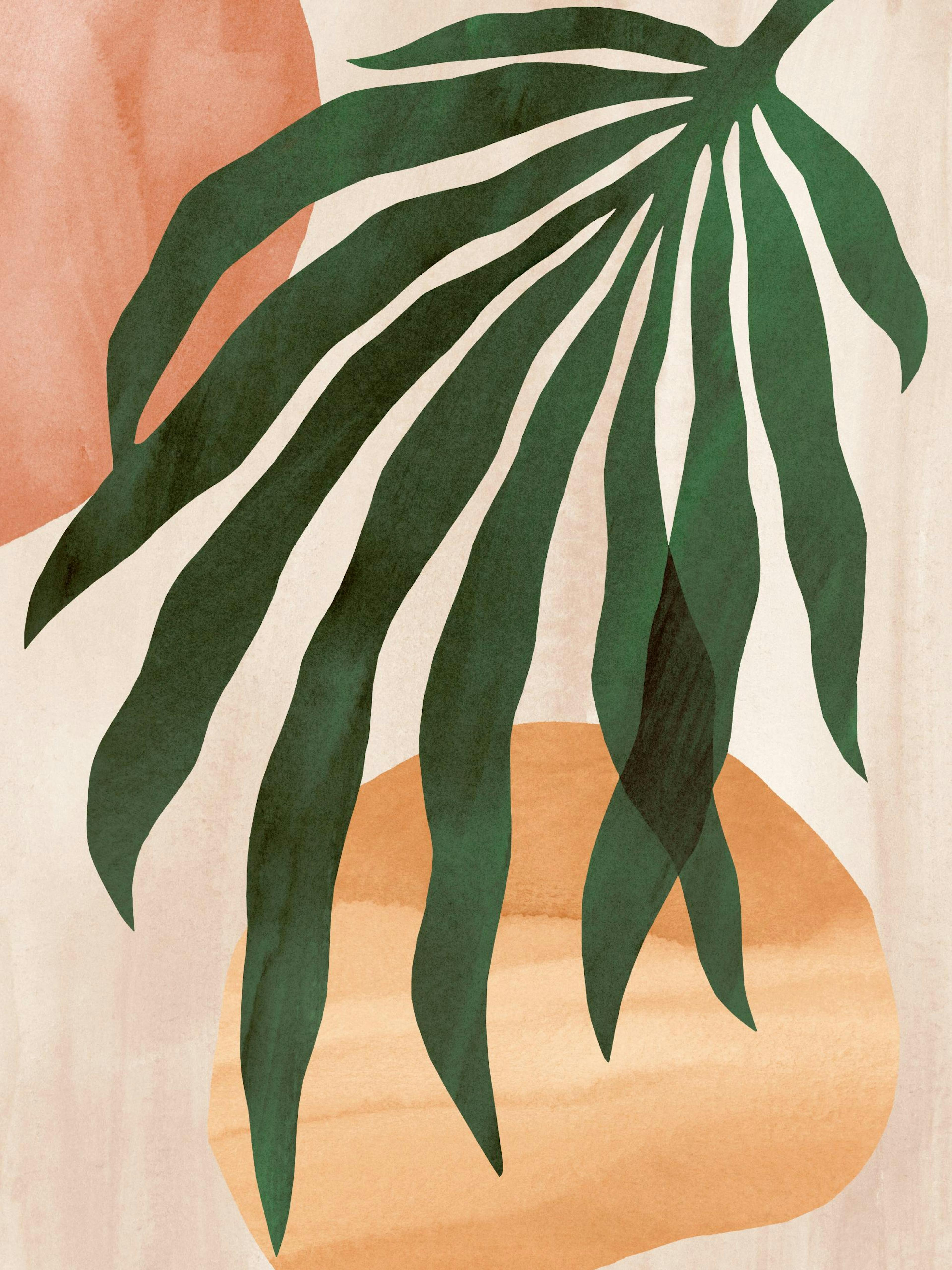 A poster featuring dark green palm leaves overlaying warm orange and peach watercolor shapes on a light beige background.