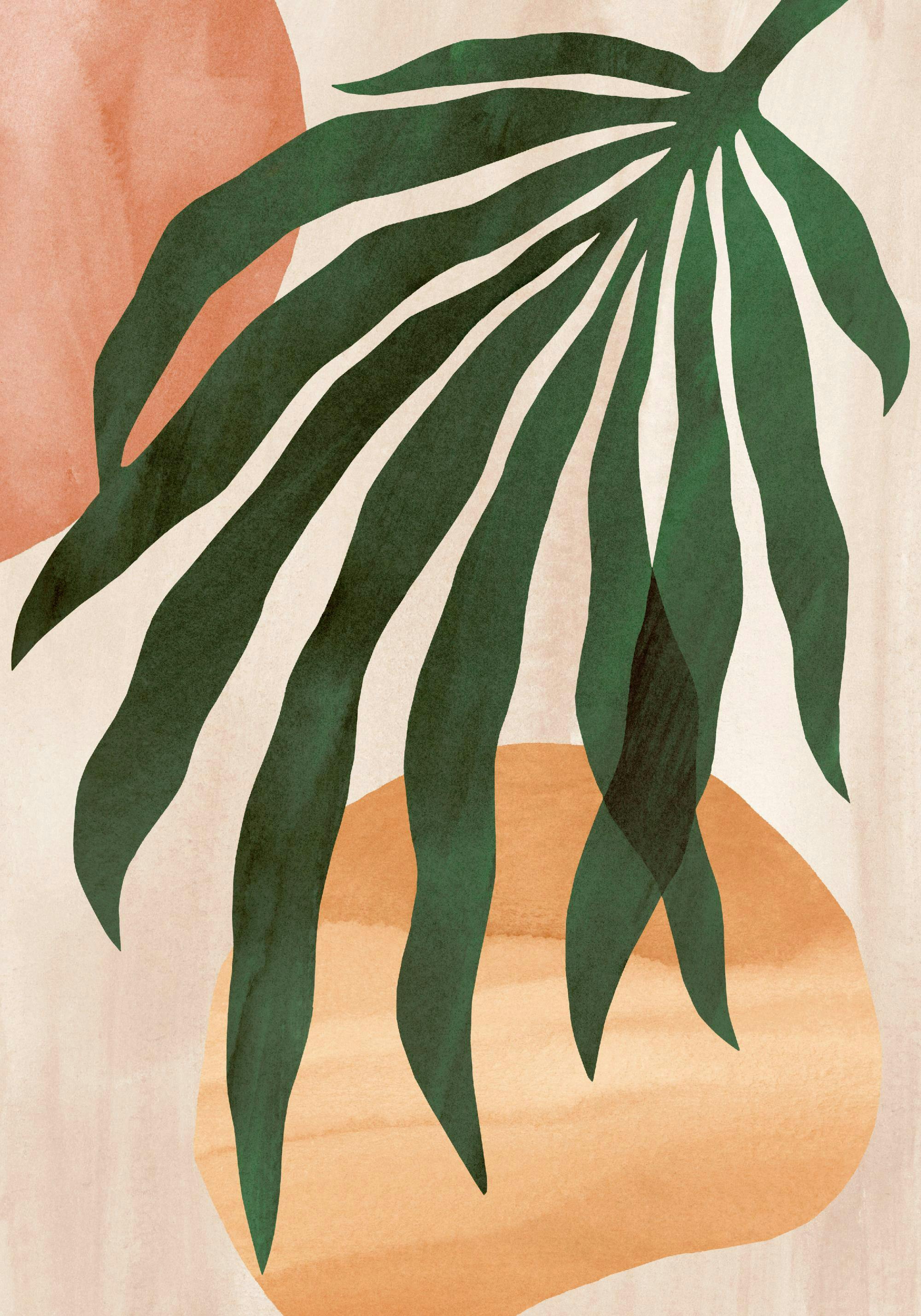 A poster featuring a vibrant dark green tropical leaf against a background of soft peach and orange watercolour shapes.