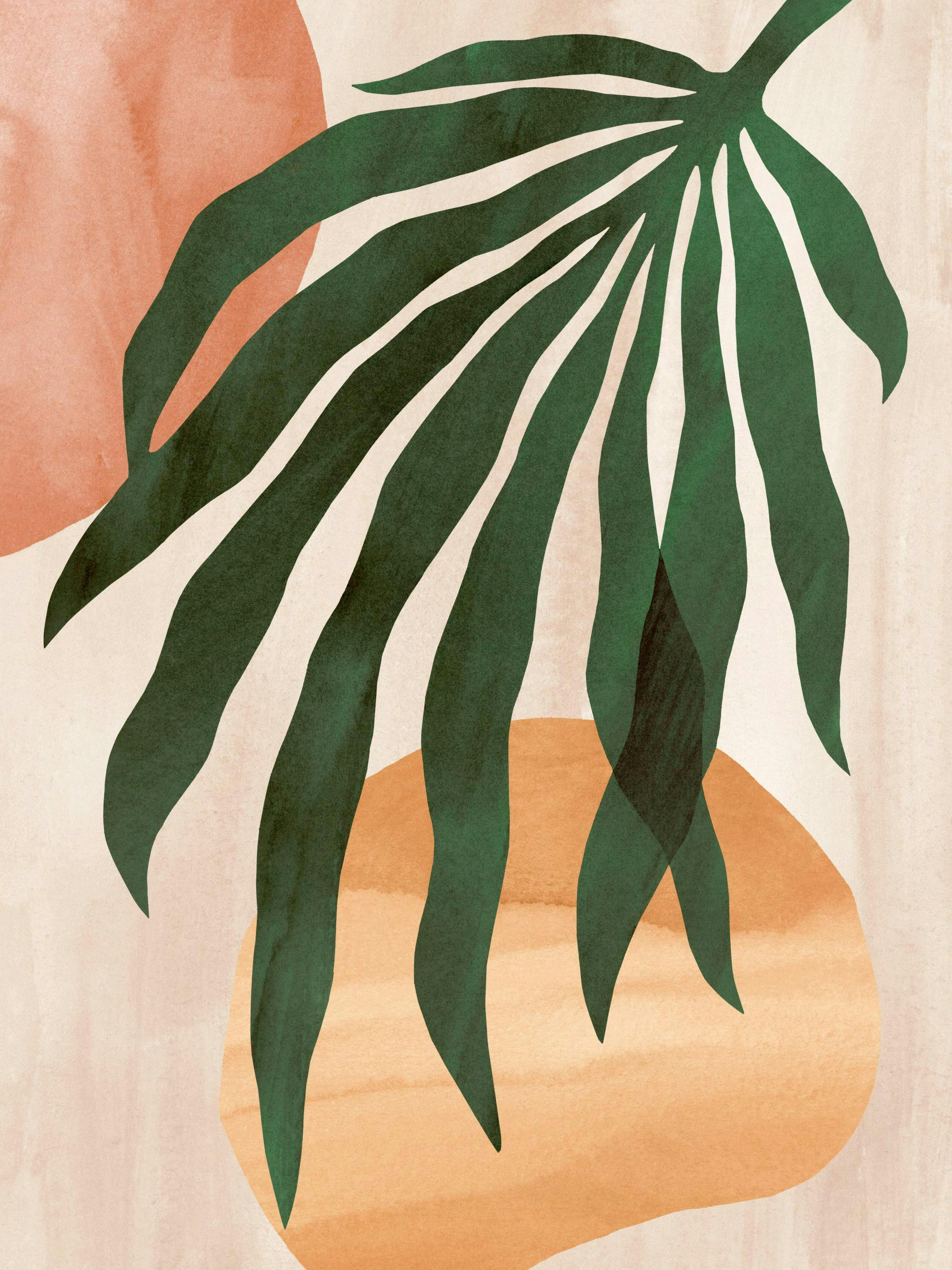 Een poster met een groene palmblad op een beige achtergrond met abstracte oranje en roze vormen.