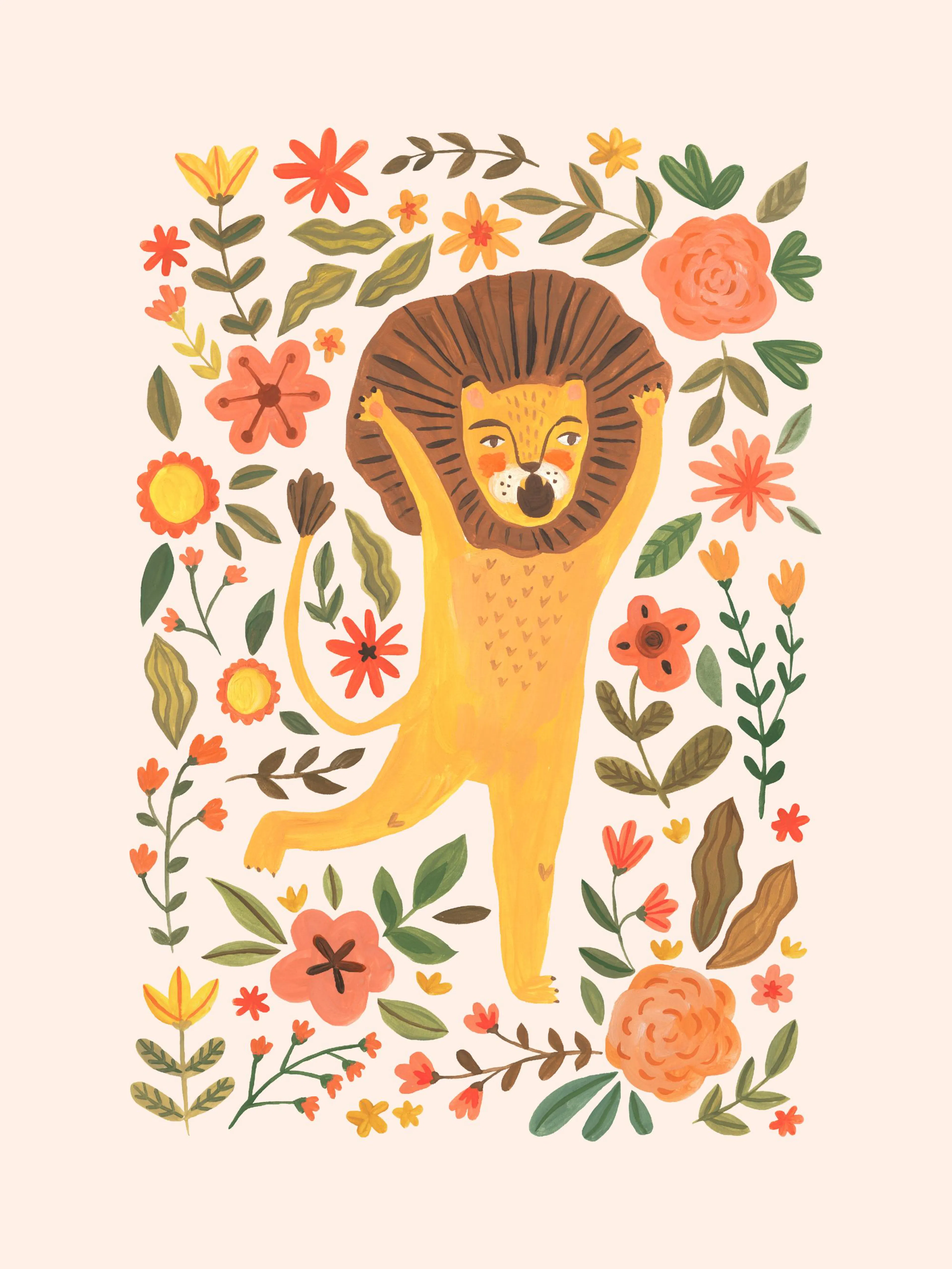 Poster mit einem Löwen in gelb-orangen Farbtönen und brauner Mähne, umgeben von bunten Blumen und Blättern.