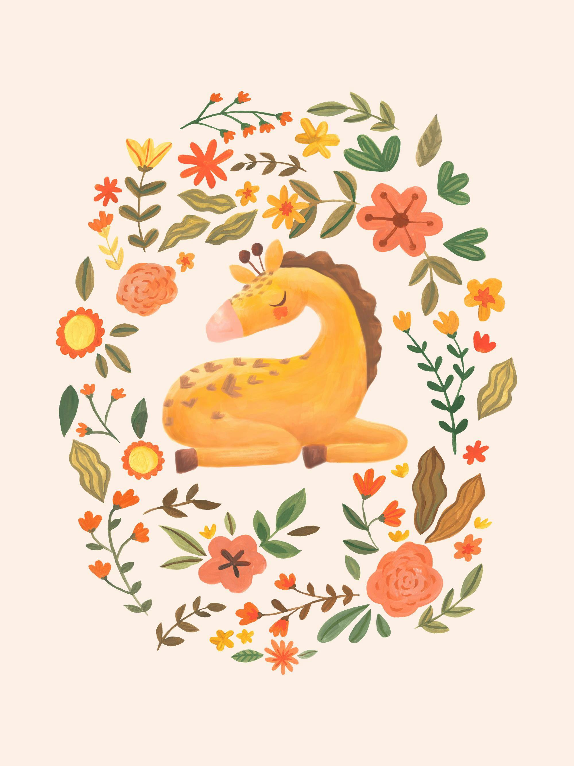 Poster dune girafe endormie entourée de fleurs colorées et de feuillages sur fond beige clair.