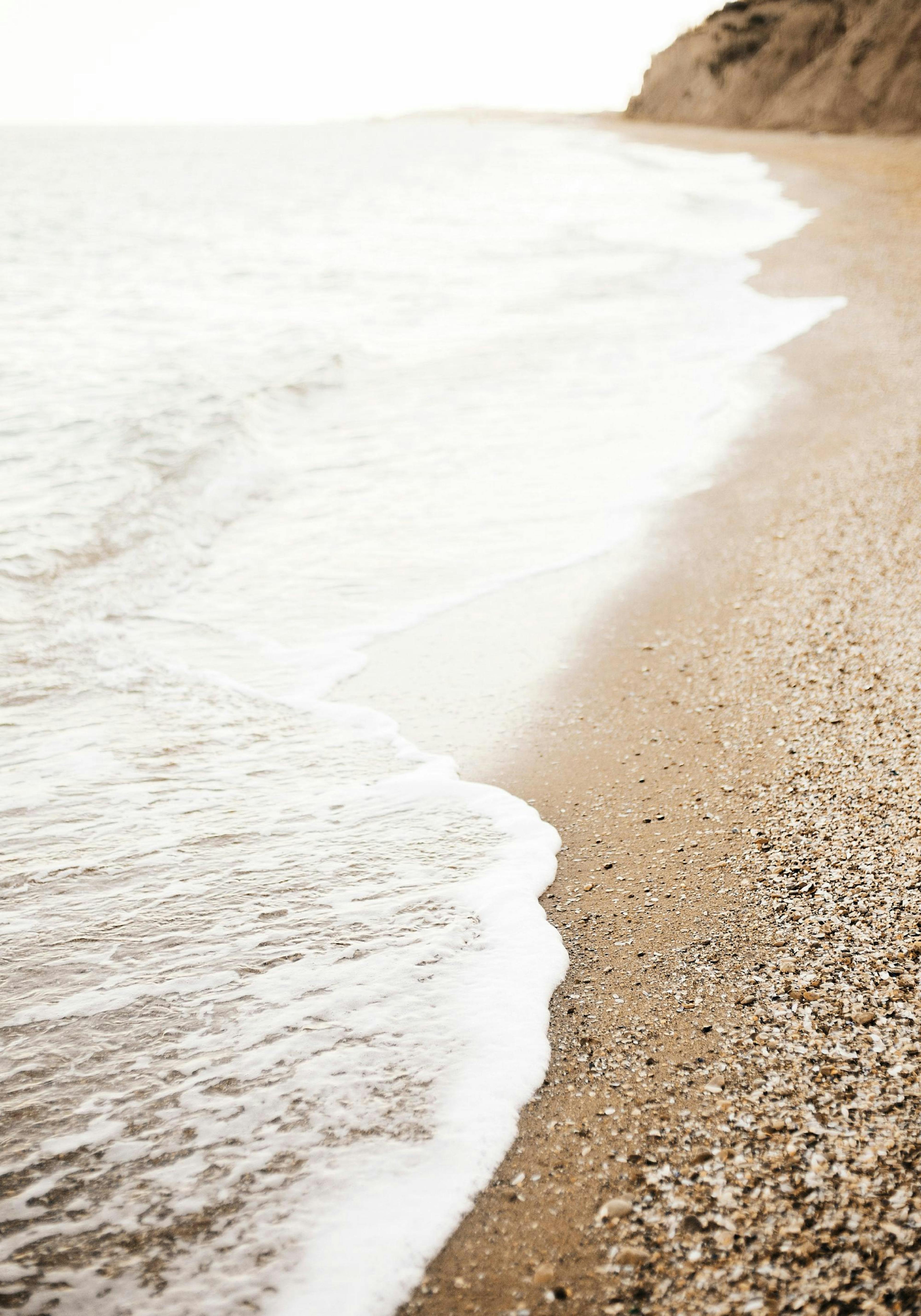 Un poster che mostra onde bianche e spumeggianti che accarezzano una spiaggia di sabbia dorata con conchiglie.