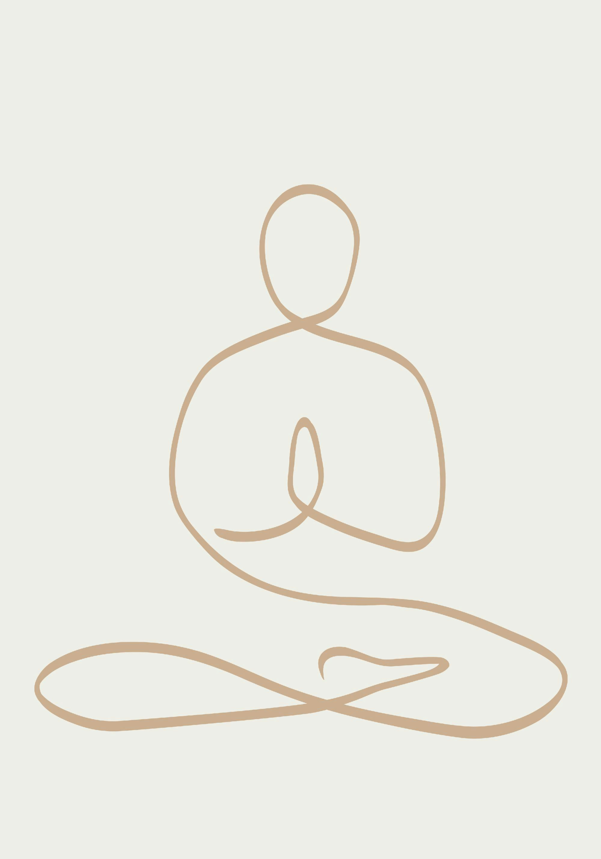 A poster featuring a minimalist line art drawing of a figure meditating in a lotus position on a neutral background.