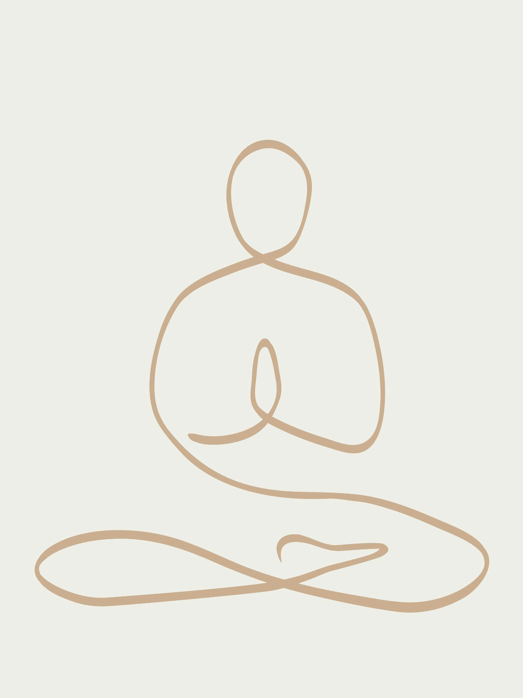 Póster de una figura humana sentada en posición de loto, dibujada con una sola línea continua beige sobre un fondo crema.