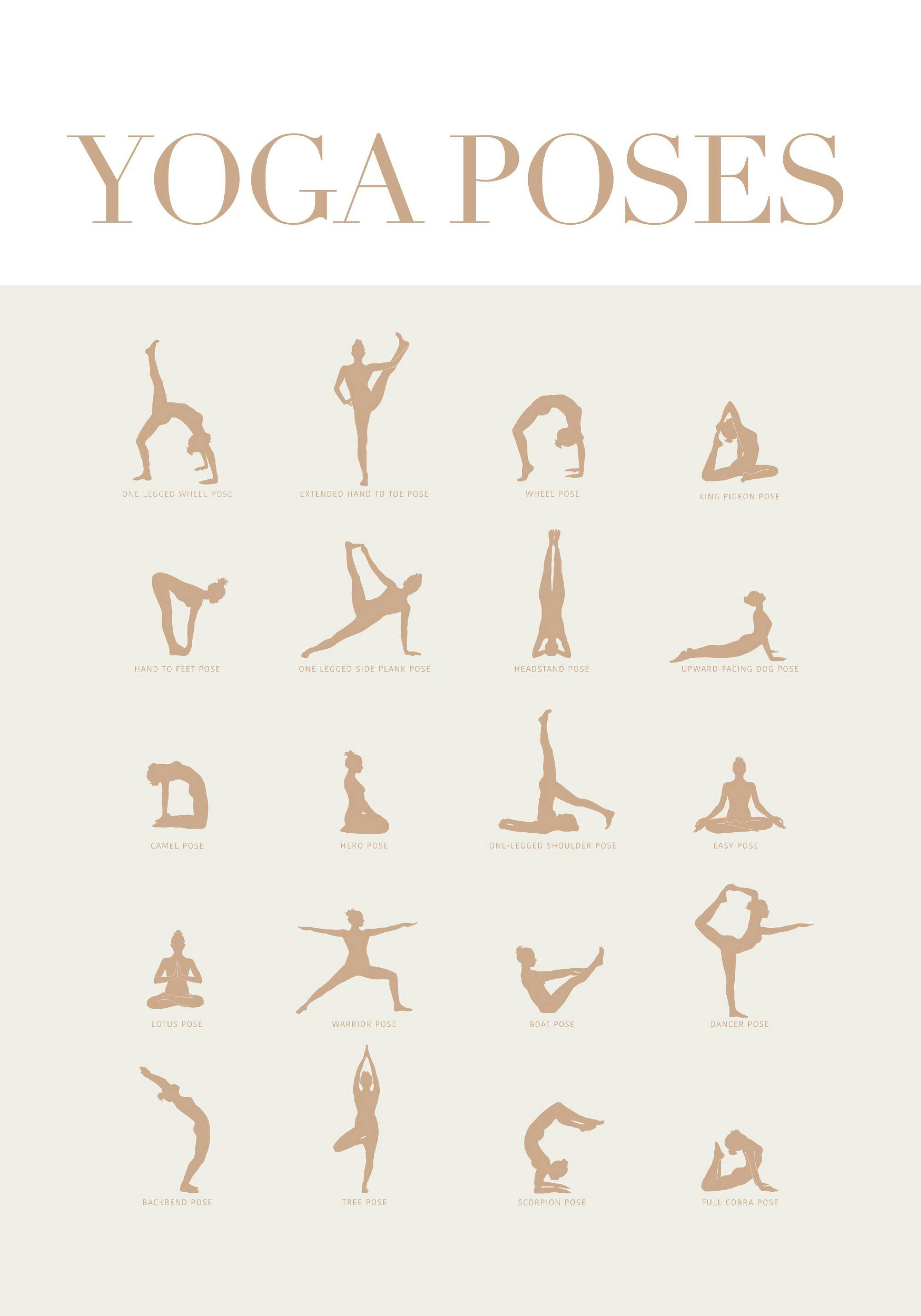 A minimalist yoga pose poster featuring various tan-coloured figures on a cream background, each labelled with their pose name.