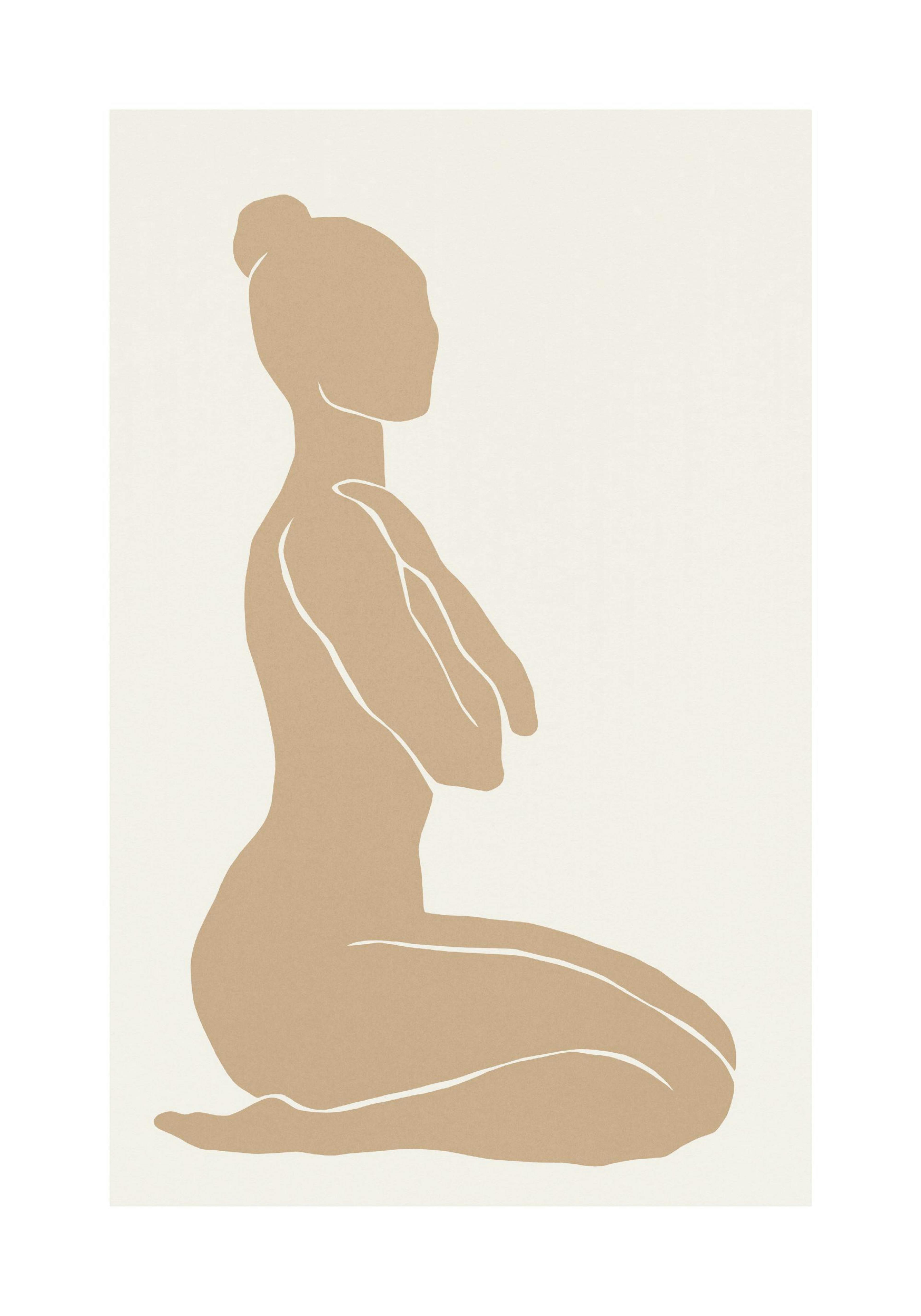 Poster einer sitzenden, weiblichen Figur in Beige auf hellem Hintergrund mit weissen Linien.