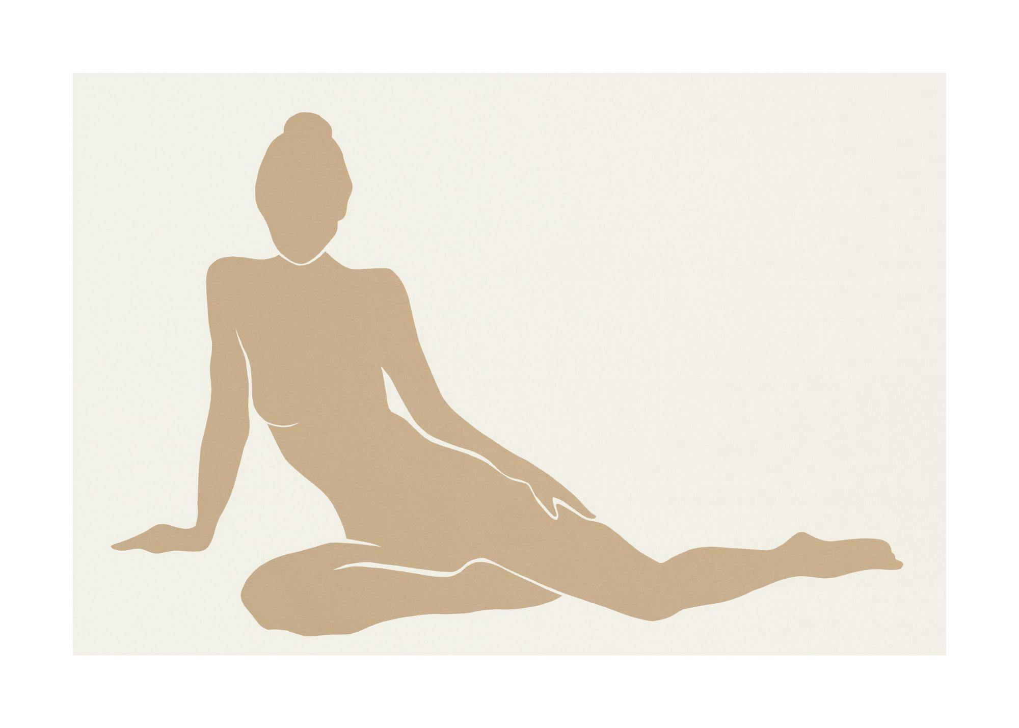 A poster featuring a minimalist female silhouette in a reclined pose, rendered in a solid light brown against a cream background