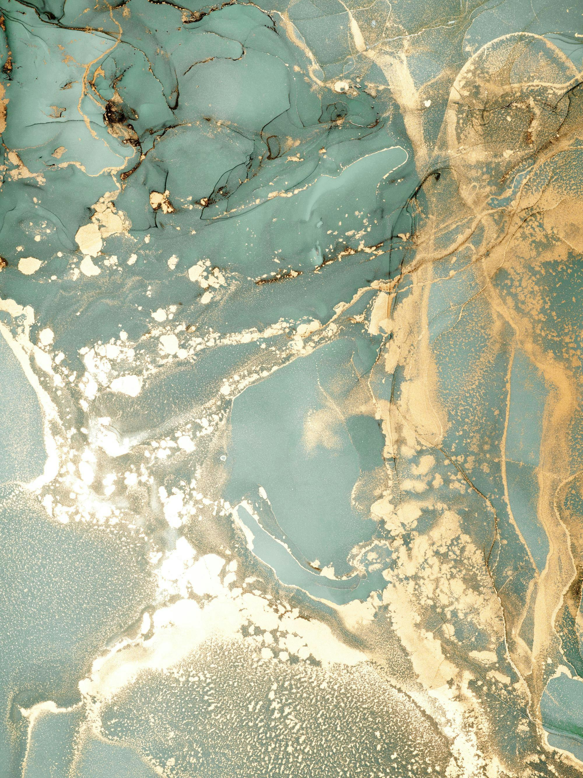 A poster featuring a flowing abstract design with teal, gold, and black marbling patterns, resembling ink in water.