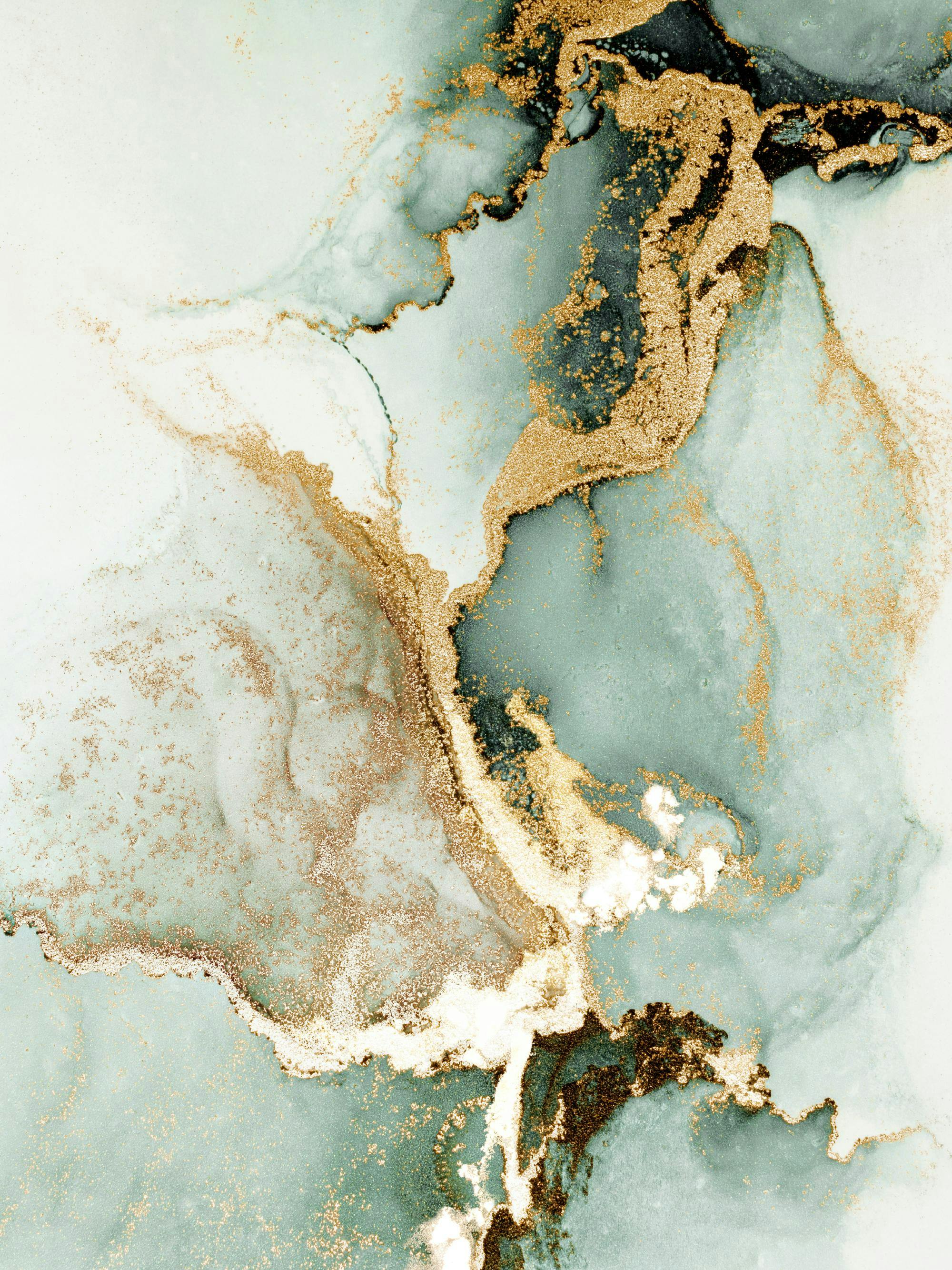 A poster featuring a flowing abstract design with teal, white, and grey ink, highlighted with shimmering gold accents.