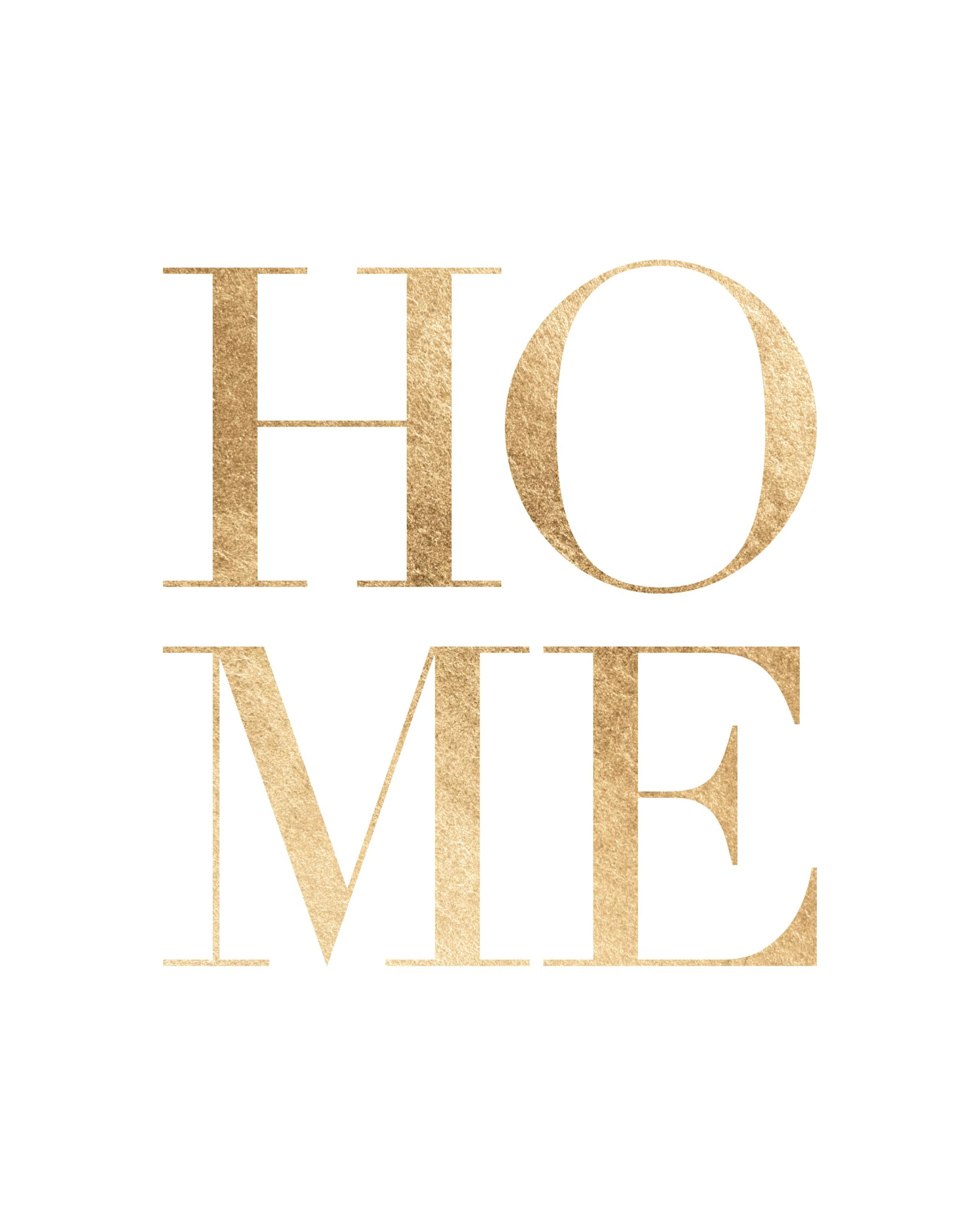 Poster avec le mot HOME écrit en lettres dorées texturées sur un fond blanc, parfait pour la décoration intérieure.