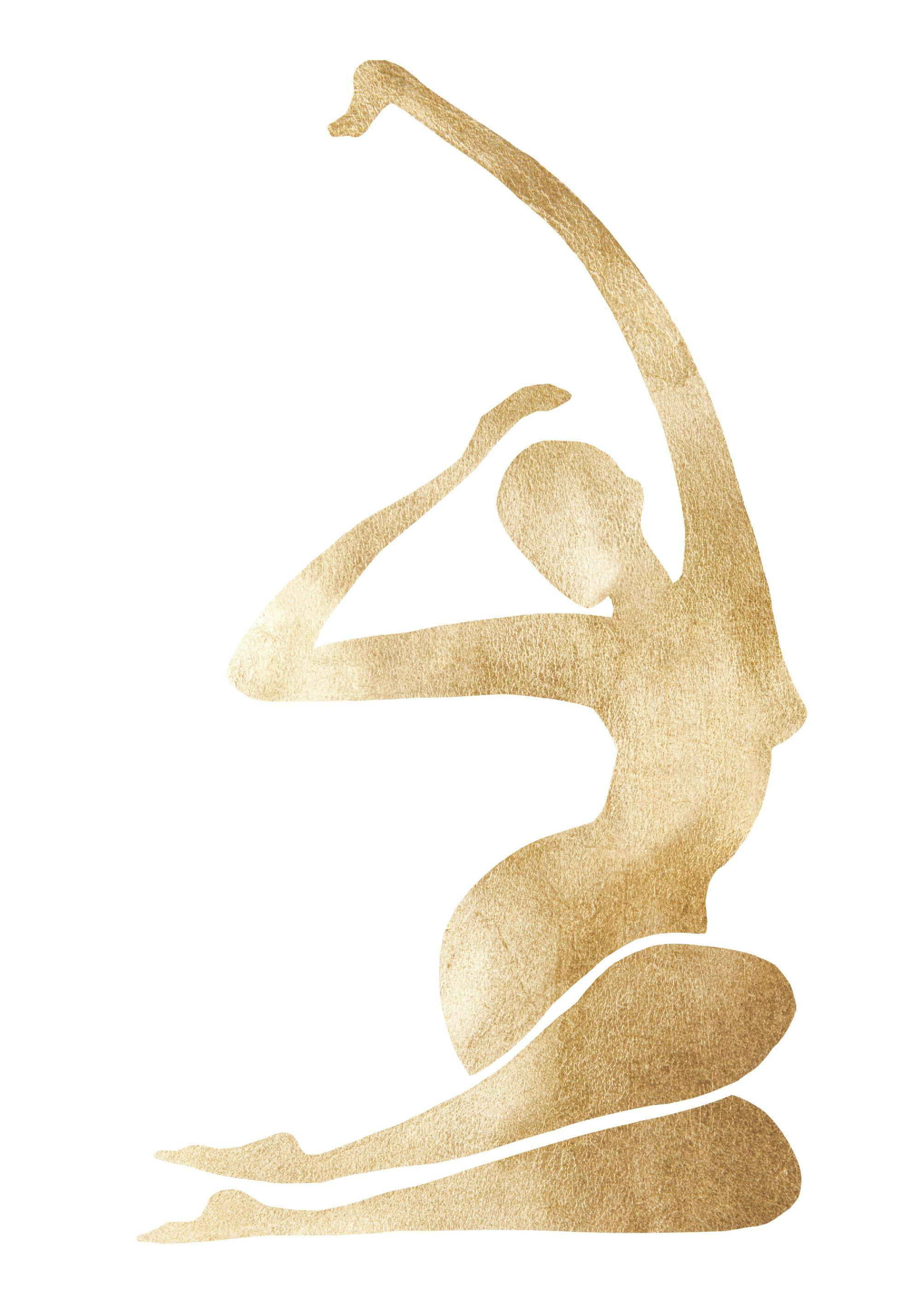 Plakát se zlatou siluetou ženy v pozici jógy na bílém pozadí, s texturou připomínající zlaté šupinky.