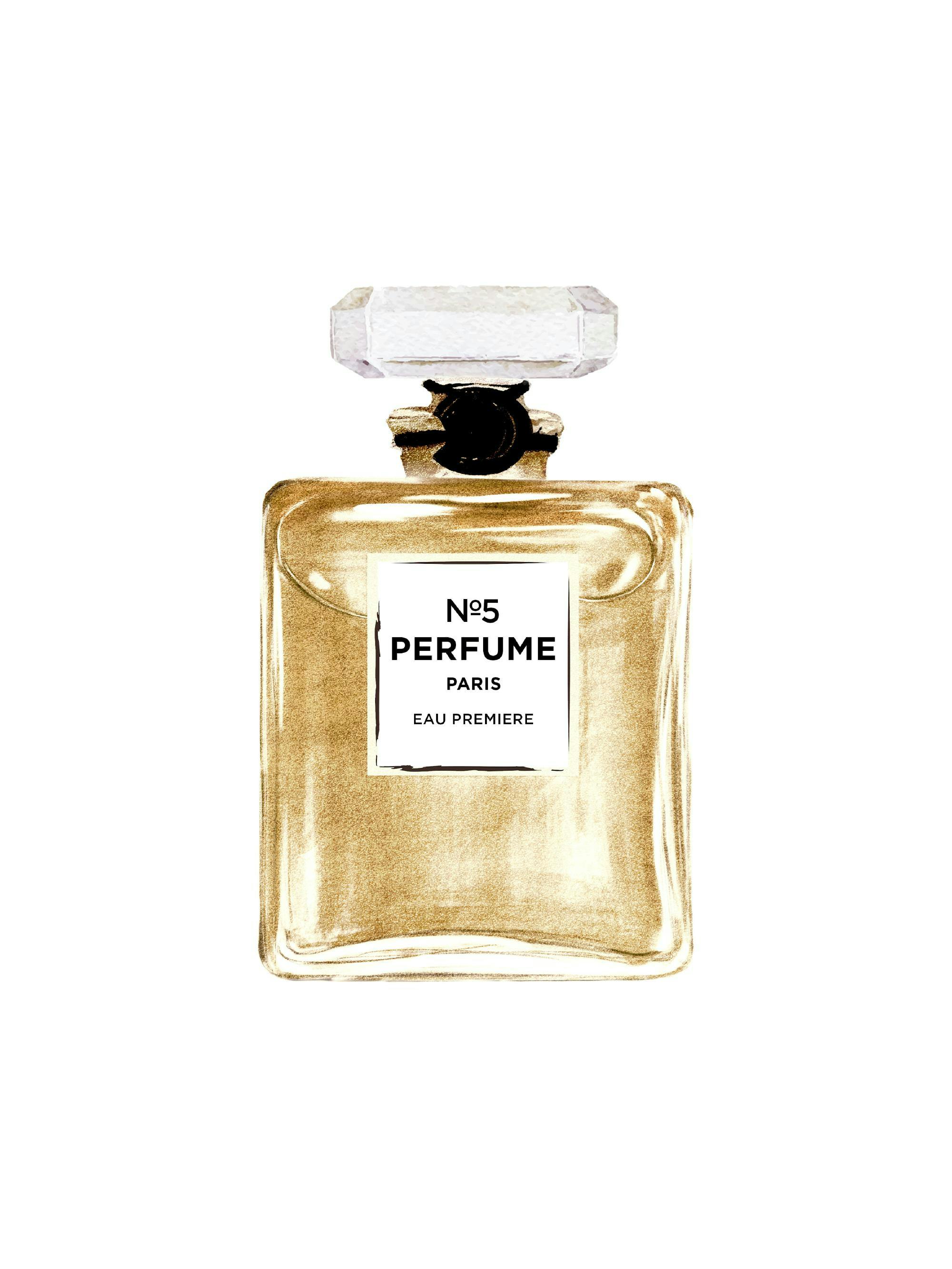 Plakát s akvarelovou ilustrací flakonu parfému N°5 v odstínech zlaté a černé.