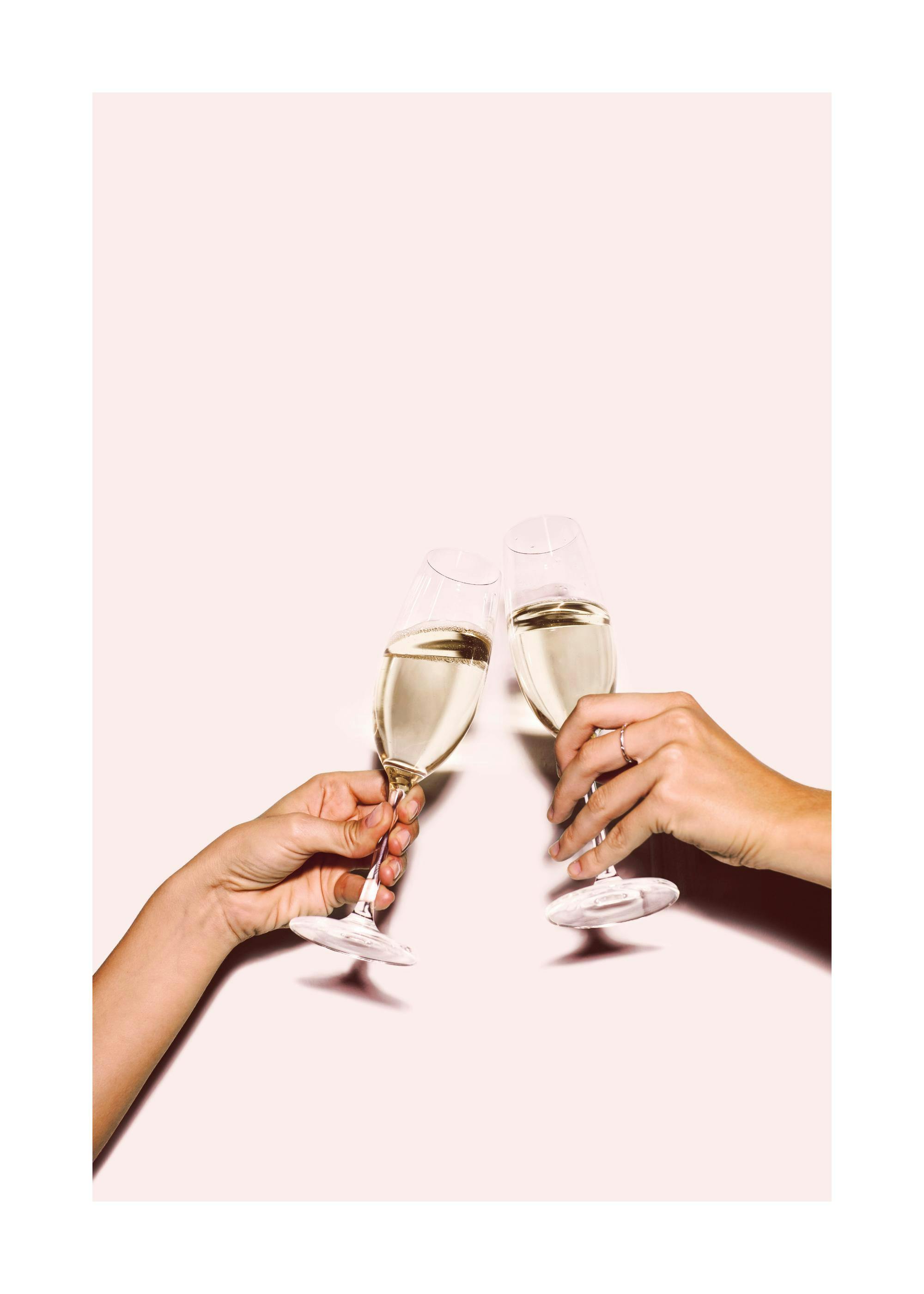 A poster featuring two hands holding and clinking champagne flutes filled with bubbly wine against a light pink background.