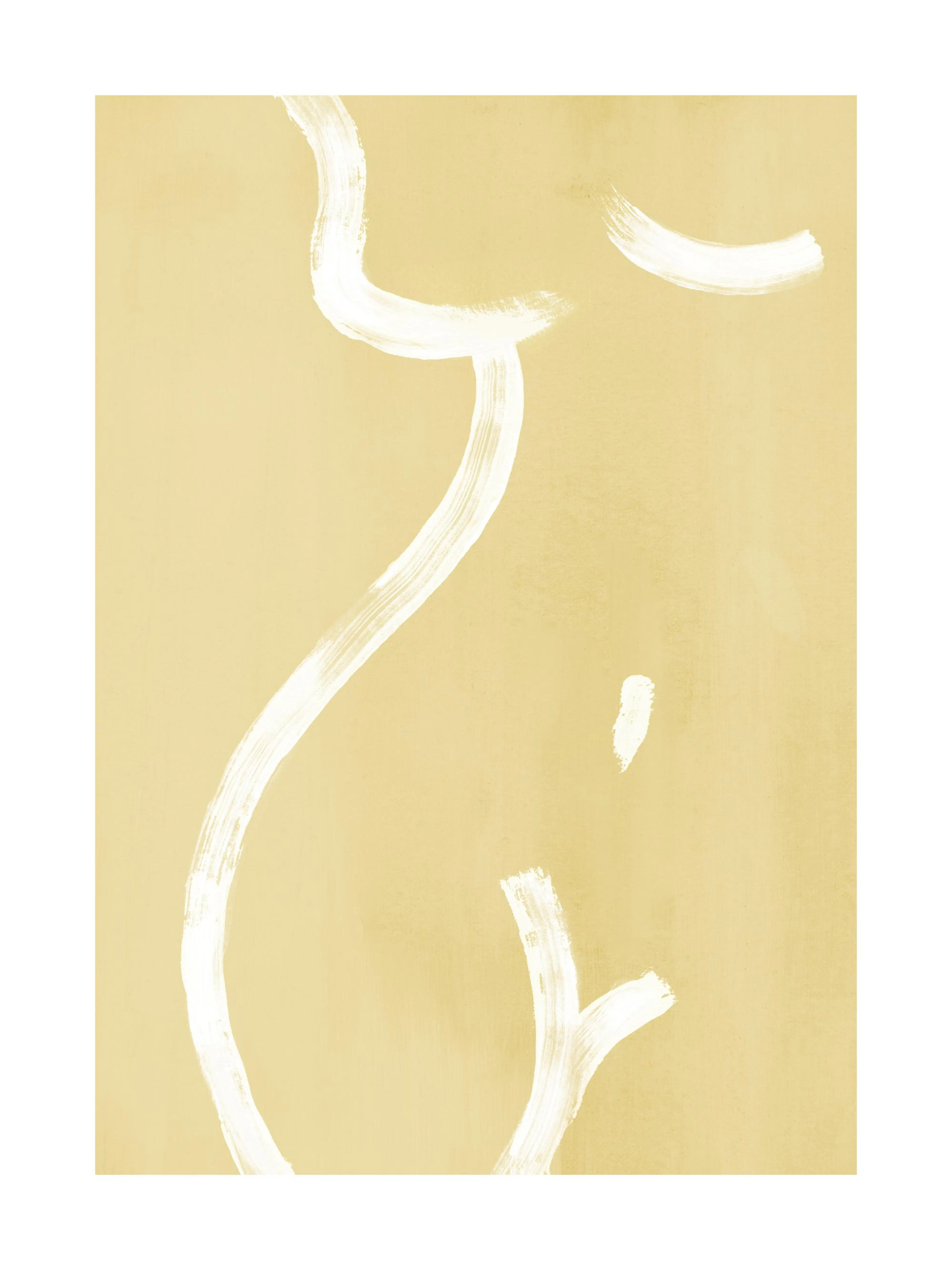 Póster de una silueta femenina abstracta con líneas blancas sobre un fondo amarillo mostaza.