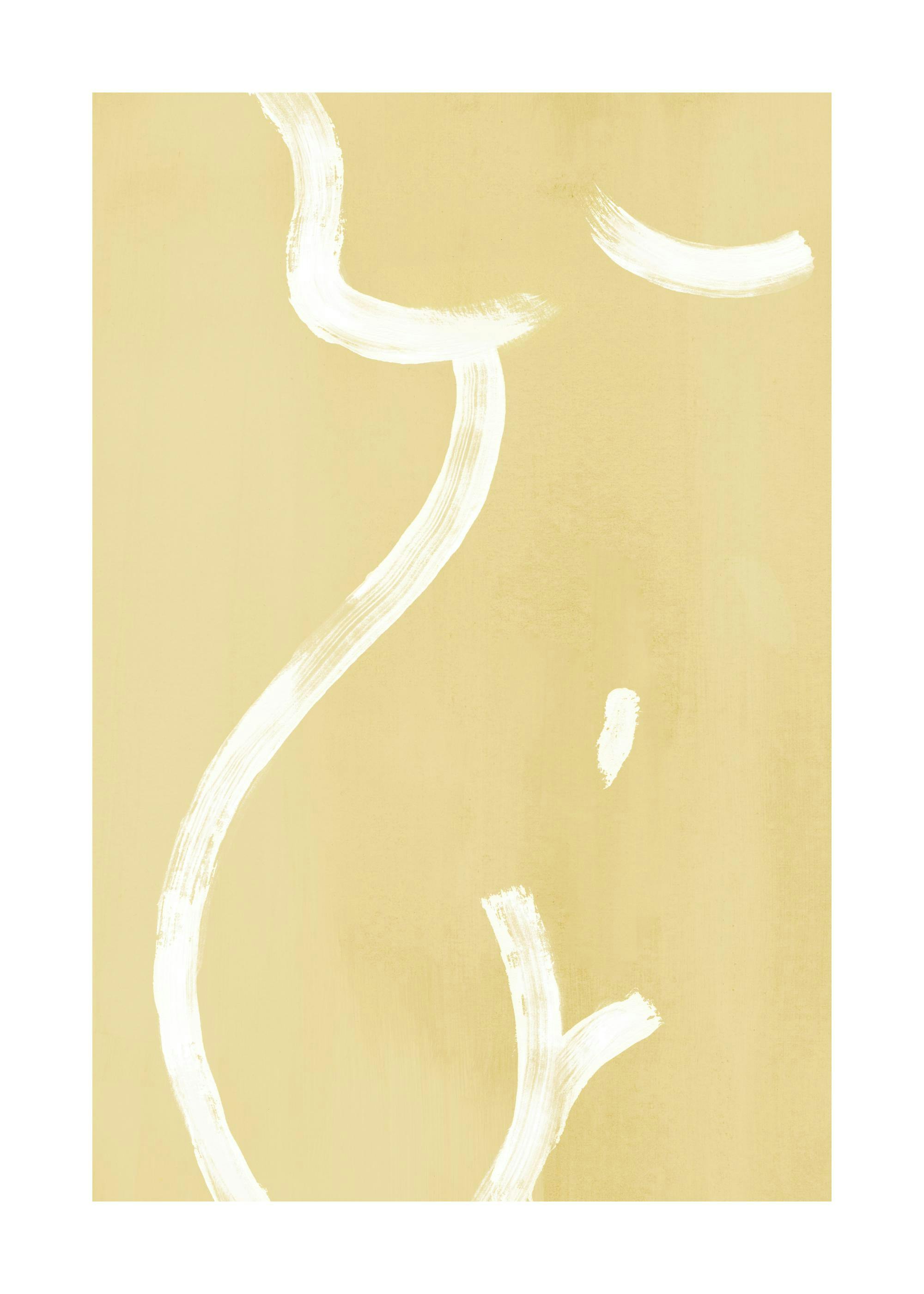 A minimalist poster with white brush strokes forming the outline of a female torso on a pale yellow background.