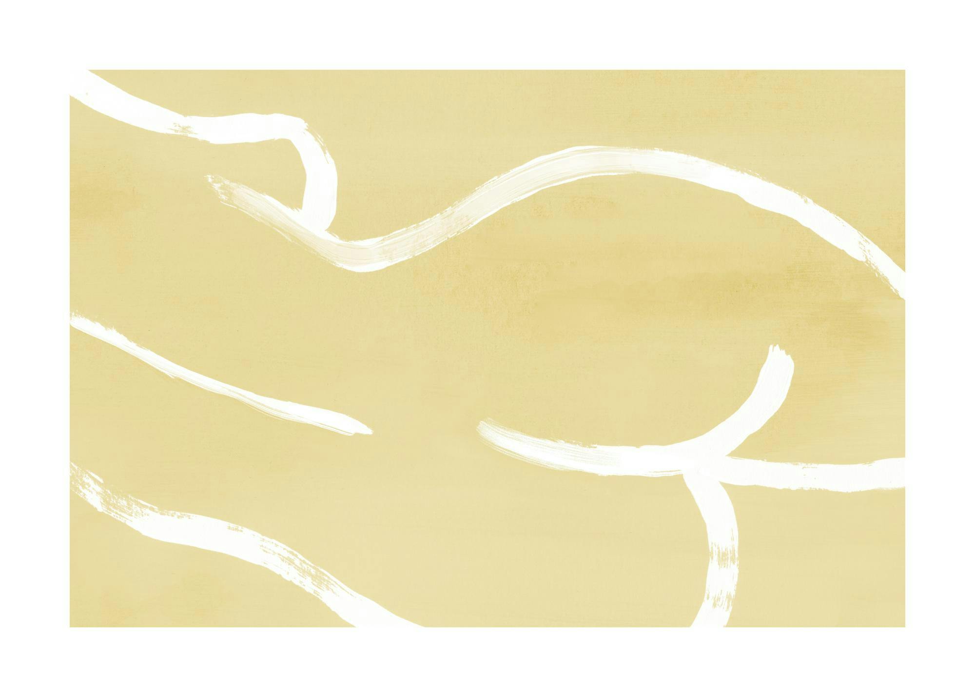 A minimalist poster featuring bold white brushstrokes forming abstract shapes on a warm yellow background.