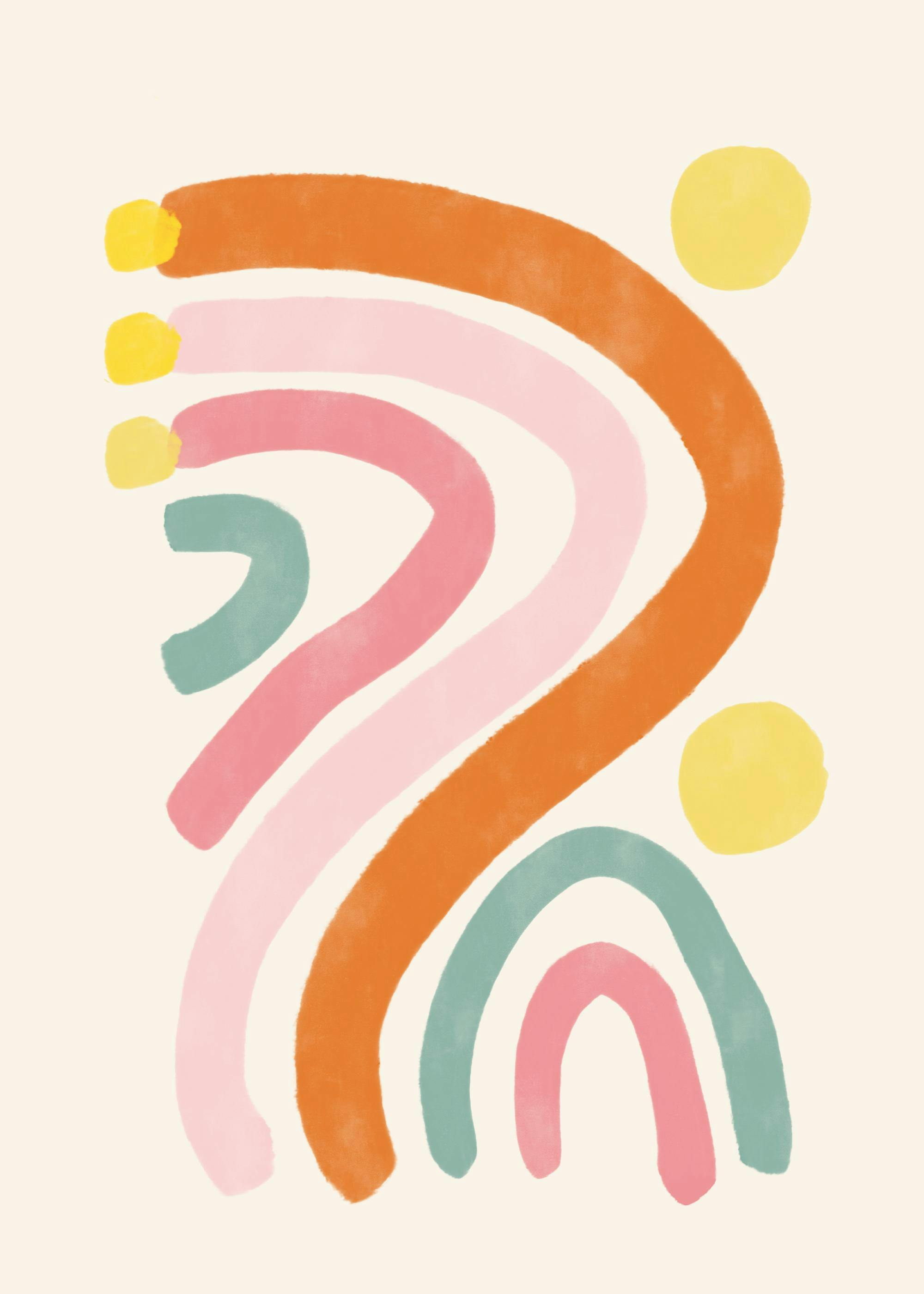 Poster abstrait moderne avec des formes organiques orange, rose, vert deau et des points jaunes sur fond clair.
