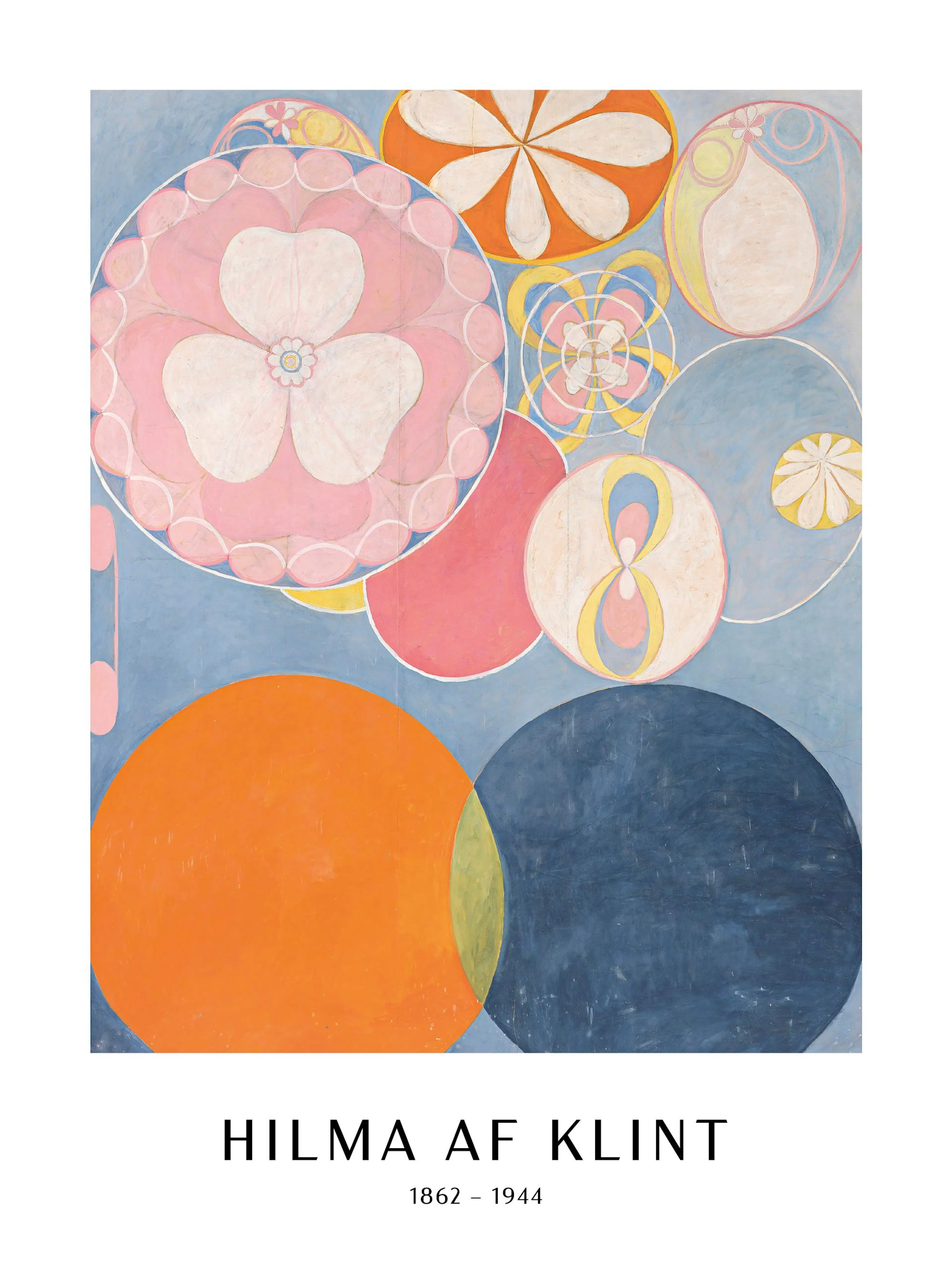 A poster featuring a colorful abstract design with circles, spirals, and organic shapes in pink, orange, blue, and yellow on a l