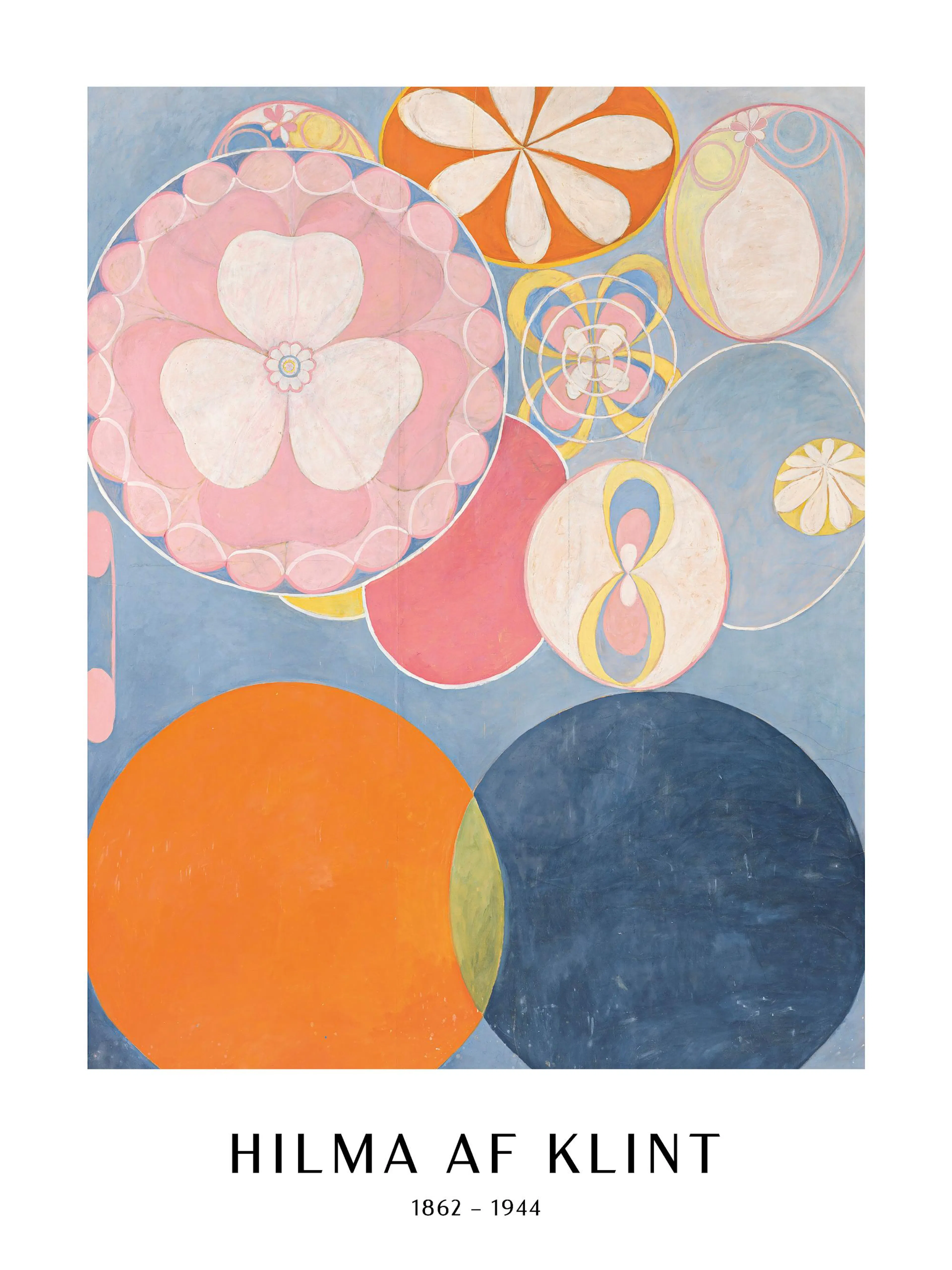 Poster abstrait avec des cercles et des formes organiques roses, oranges, bleues et jaunes sur un fond bleu pâle.