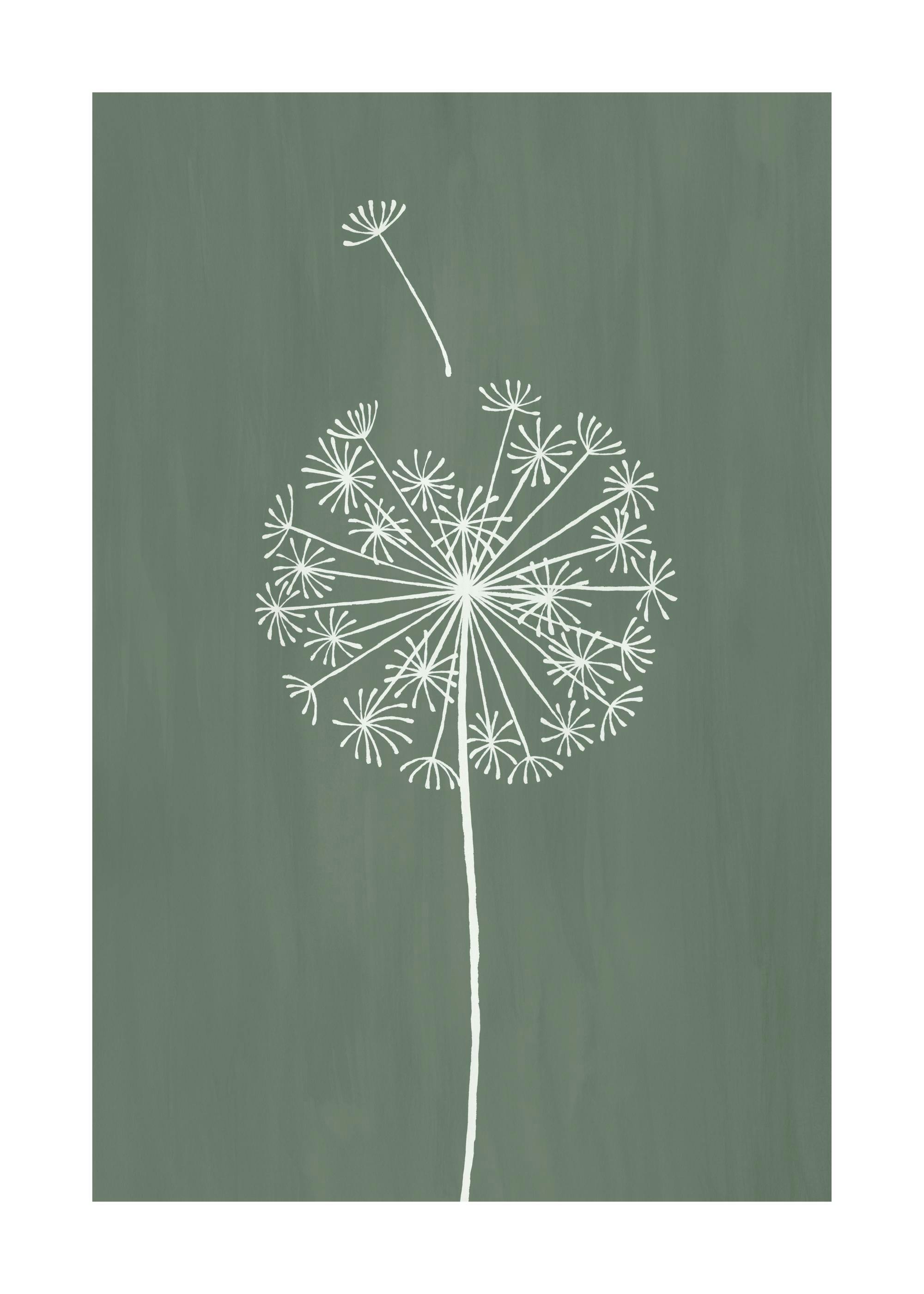 Poster mit weißer, minimalistischer Pusteblume auf mattgrünem Hintergrund, ein fallender Same oben.
