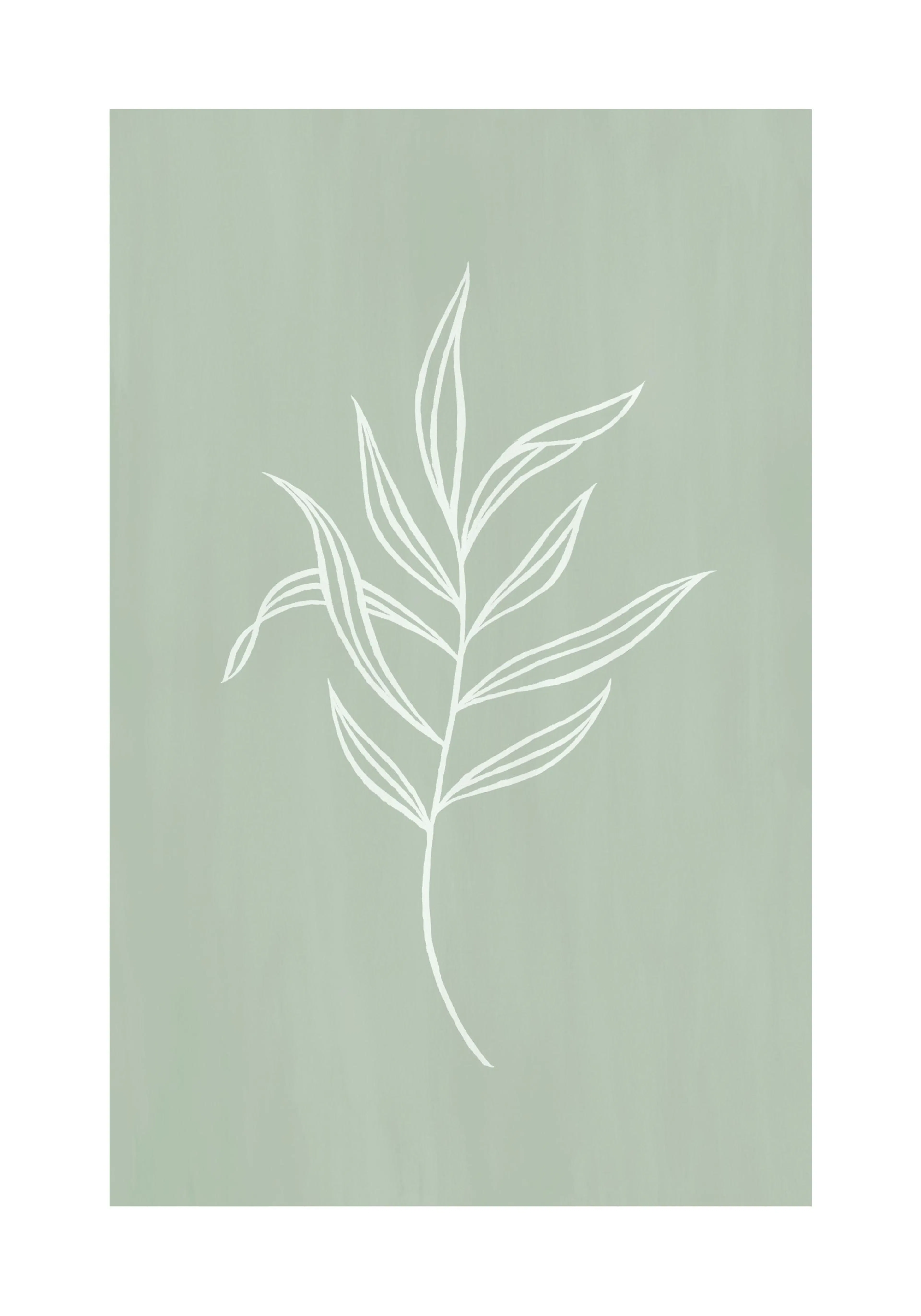 A poster featuring a white line art drawing of a leafy plant stem on a muted sage green background.