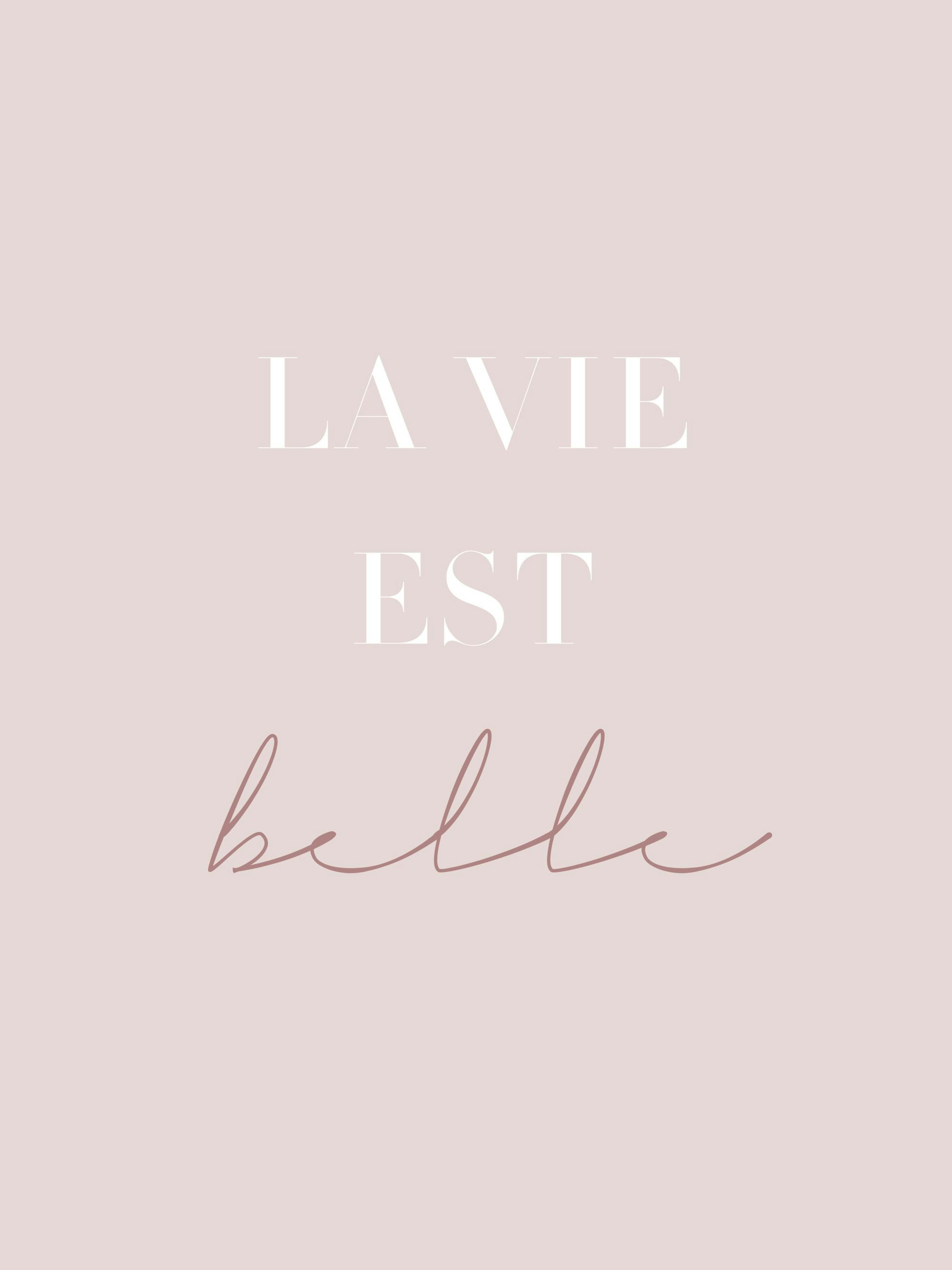 Un póster rosado con las palabras LA VIE EST en letras mayúsculas blancas y belle en cursiva rosada.