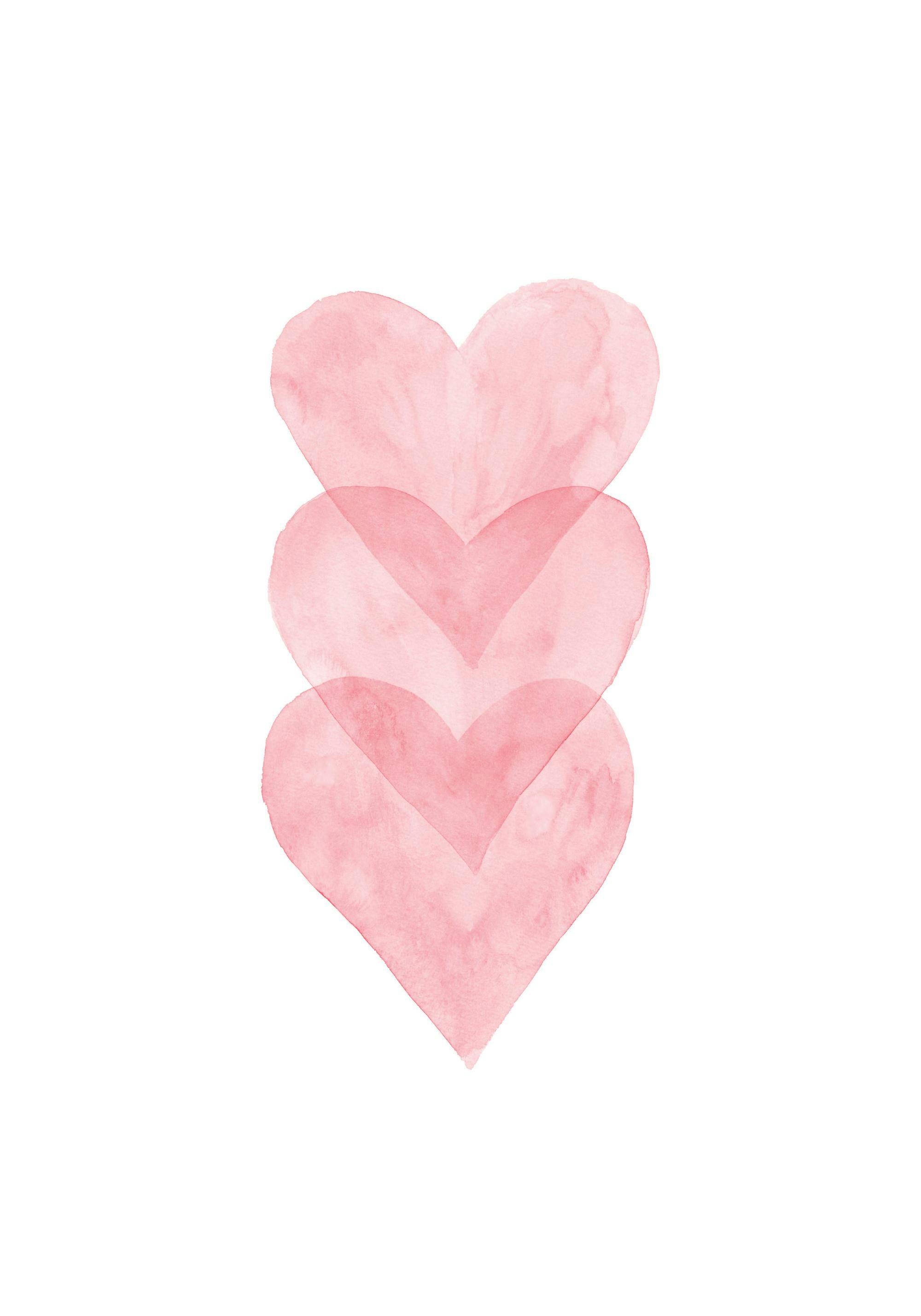 A poster featuring three overlapping pink watercolor hearts, stacked vertically on a white background.