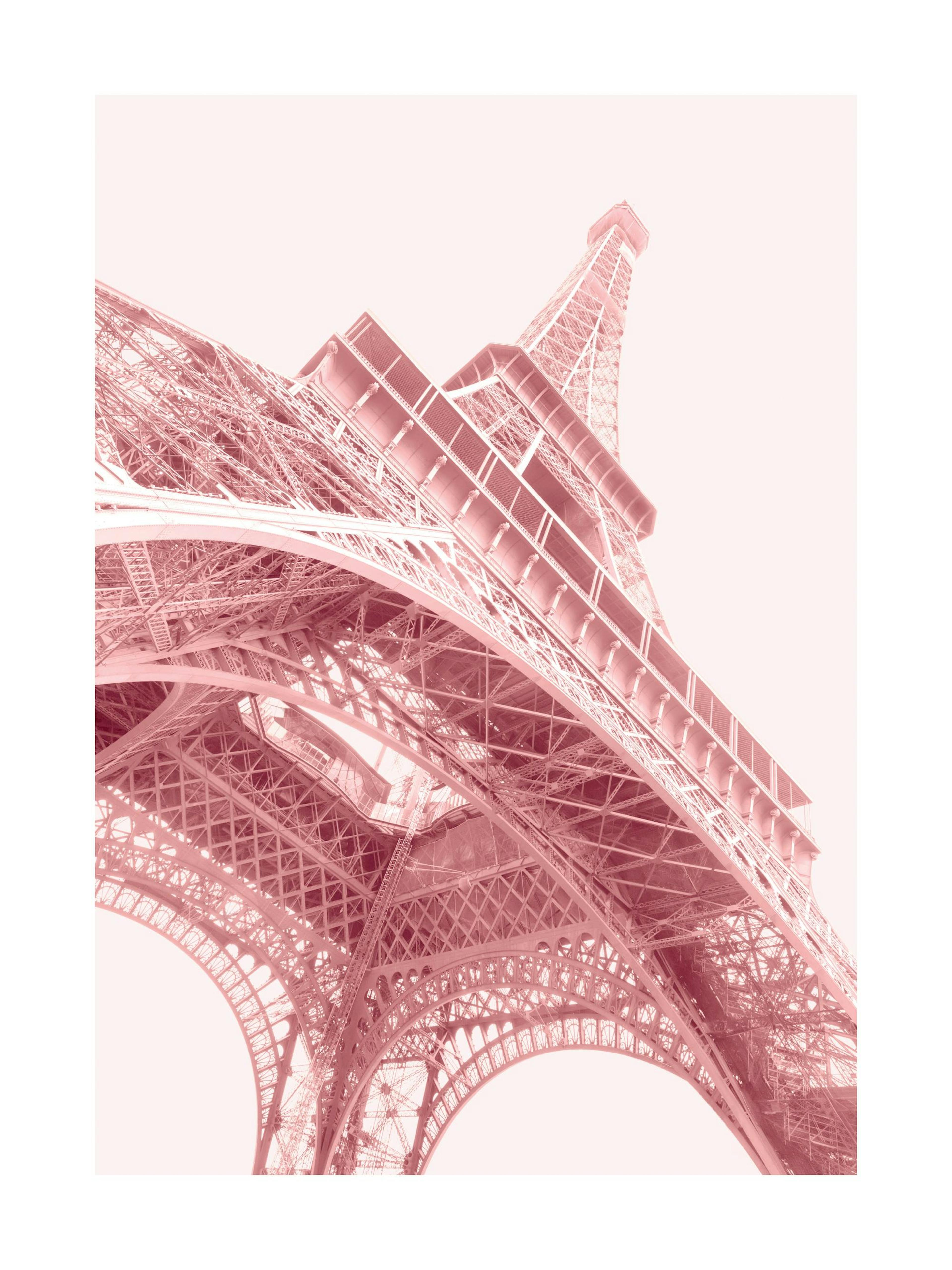 Plakat przedstawiający Wieżę Eiffla w Paryżu, widzianą z perspektywy żabiej, w odcieniach różu.