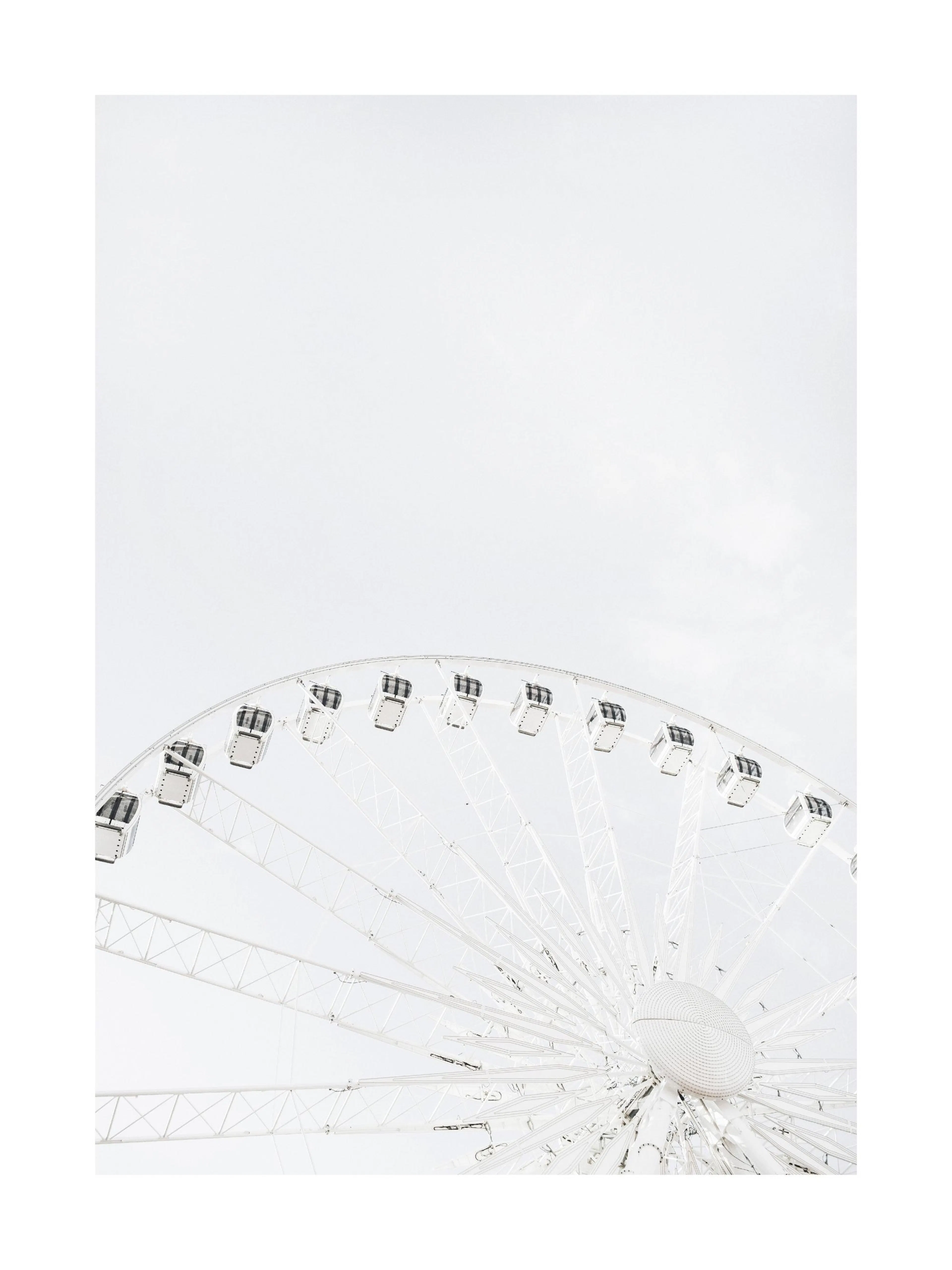 A poster featuring a minimalist, high-key shot of a white Ferris wheel against a bright sky.