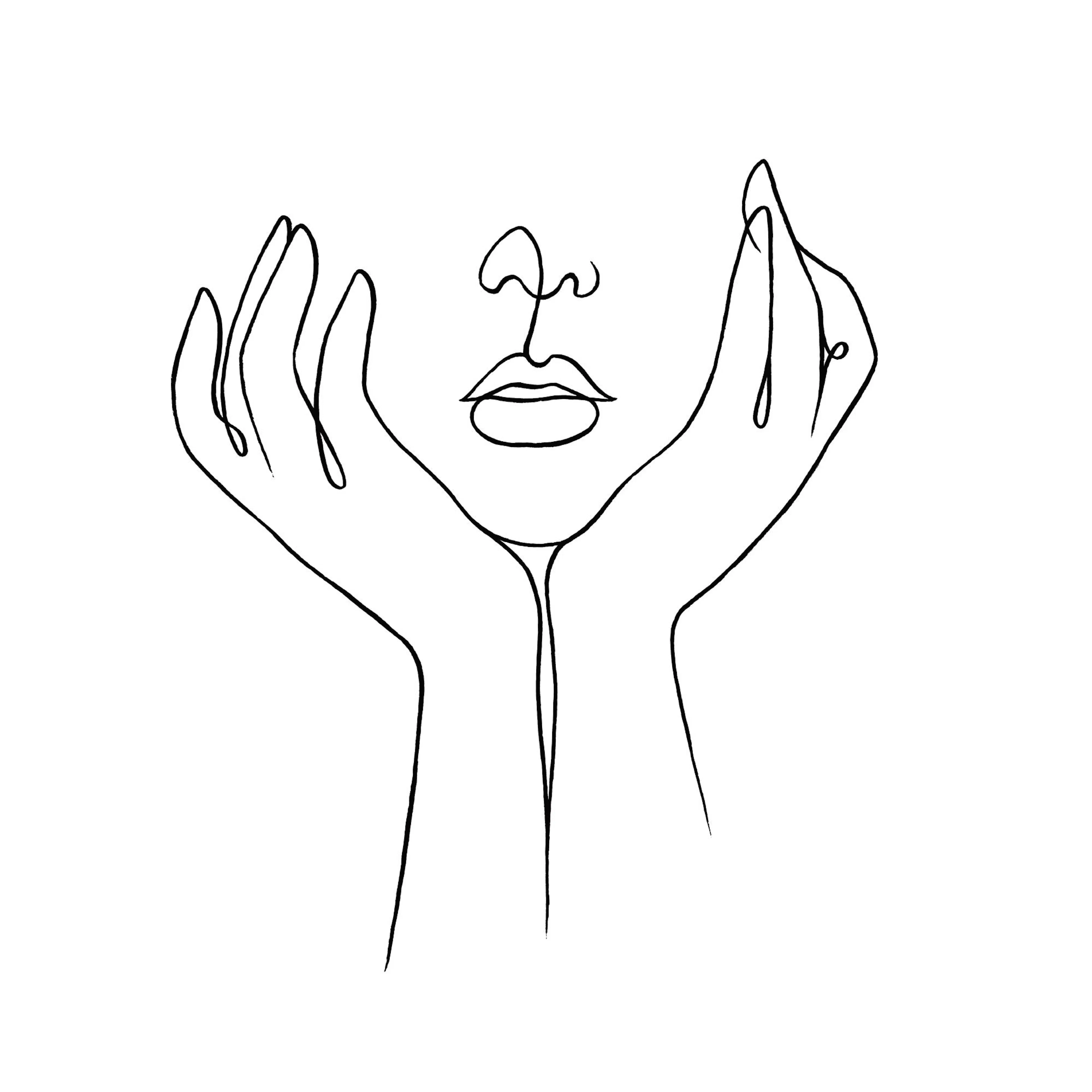 Poster con illustrazione minimalista di un volto femminile e mani, disegnata con una linea continua nera su sfondo bianco.
