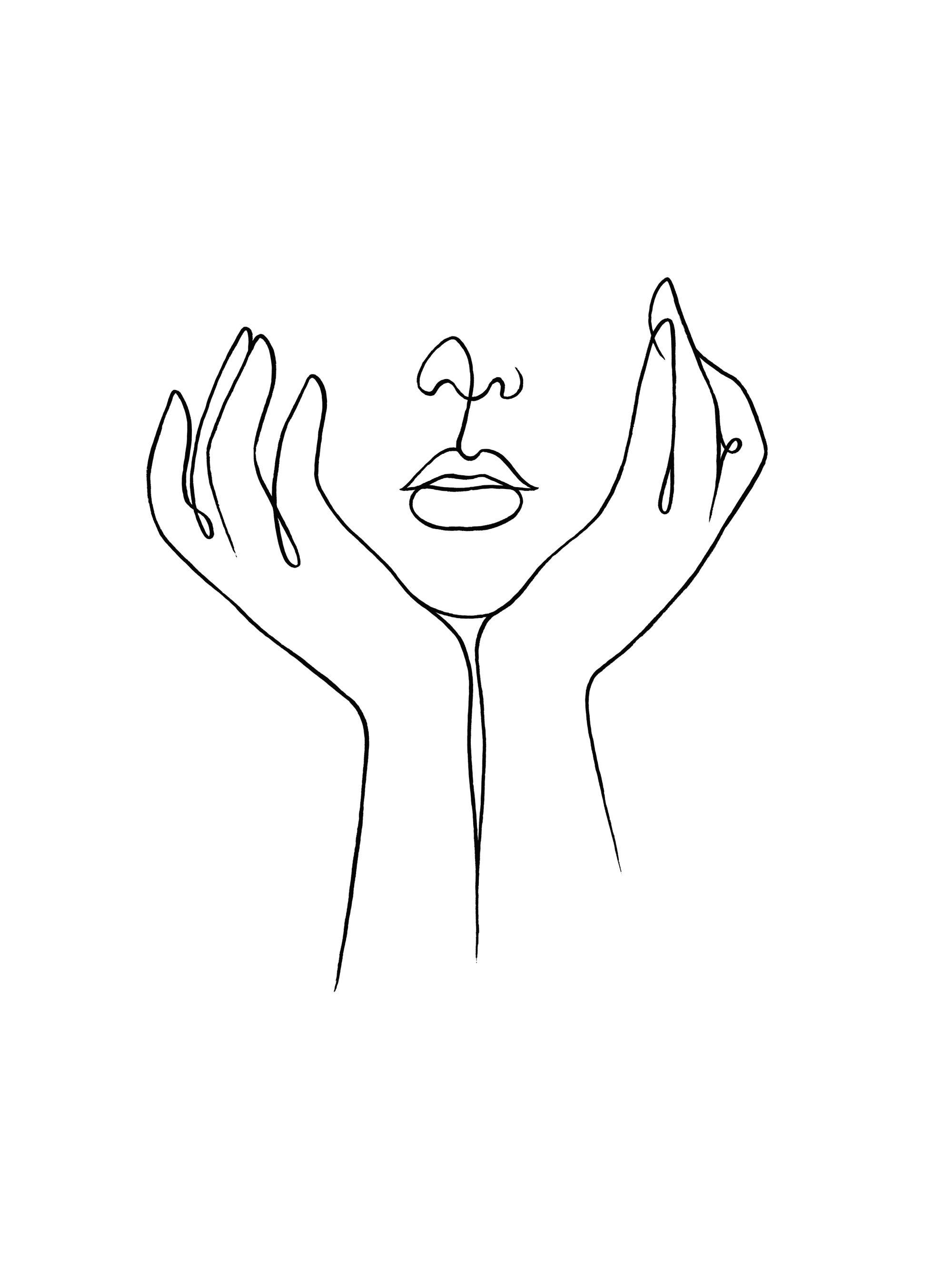 A poster featuring a minimalist line art drawing of a face with hands under the chin, on a white background.