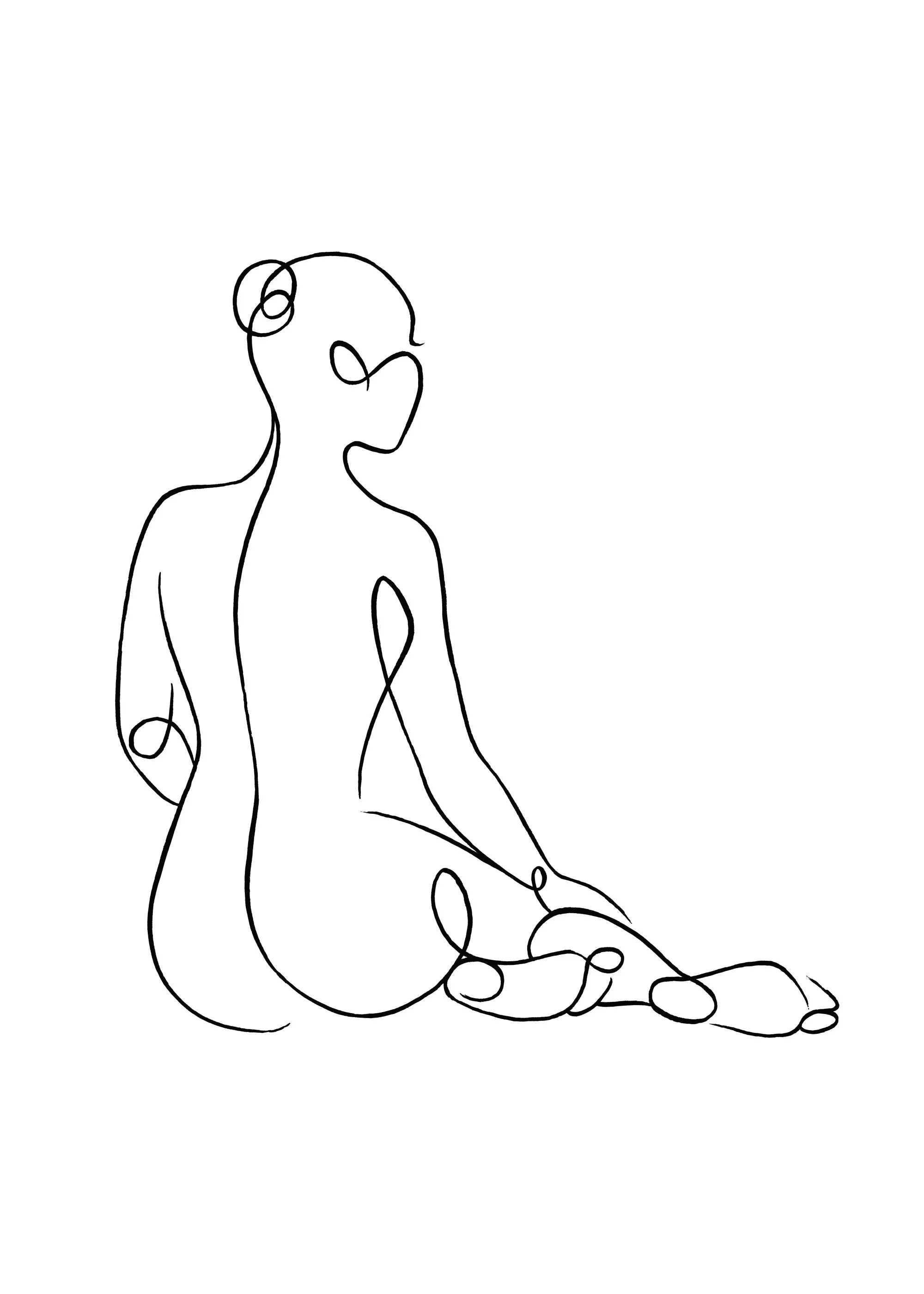 A poster featuring a minimalist line art drawing of a seated female figure on a white background.