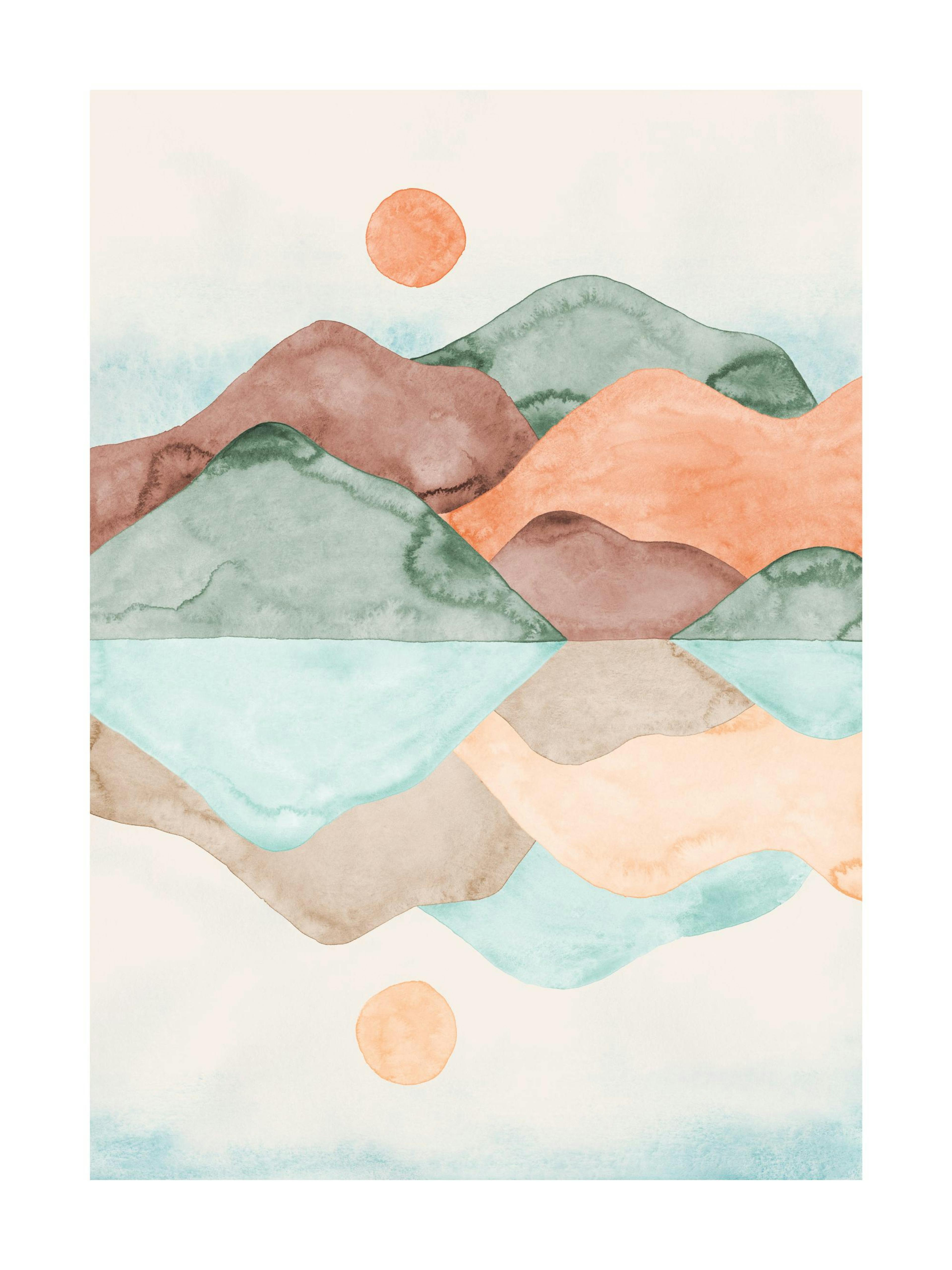 A poster featuring a watercolor landscape with abstract mountains in green, brown, and orange reflecting on a blue lake, with a 