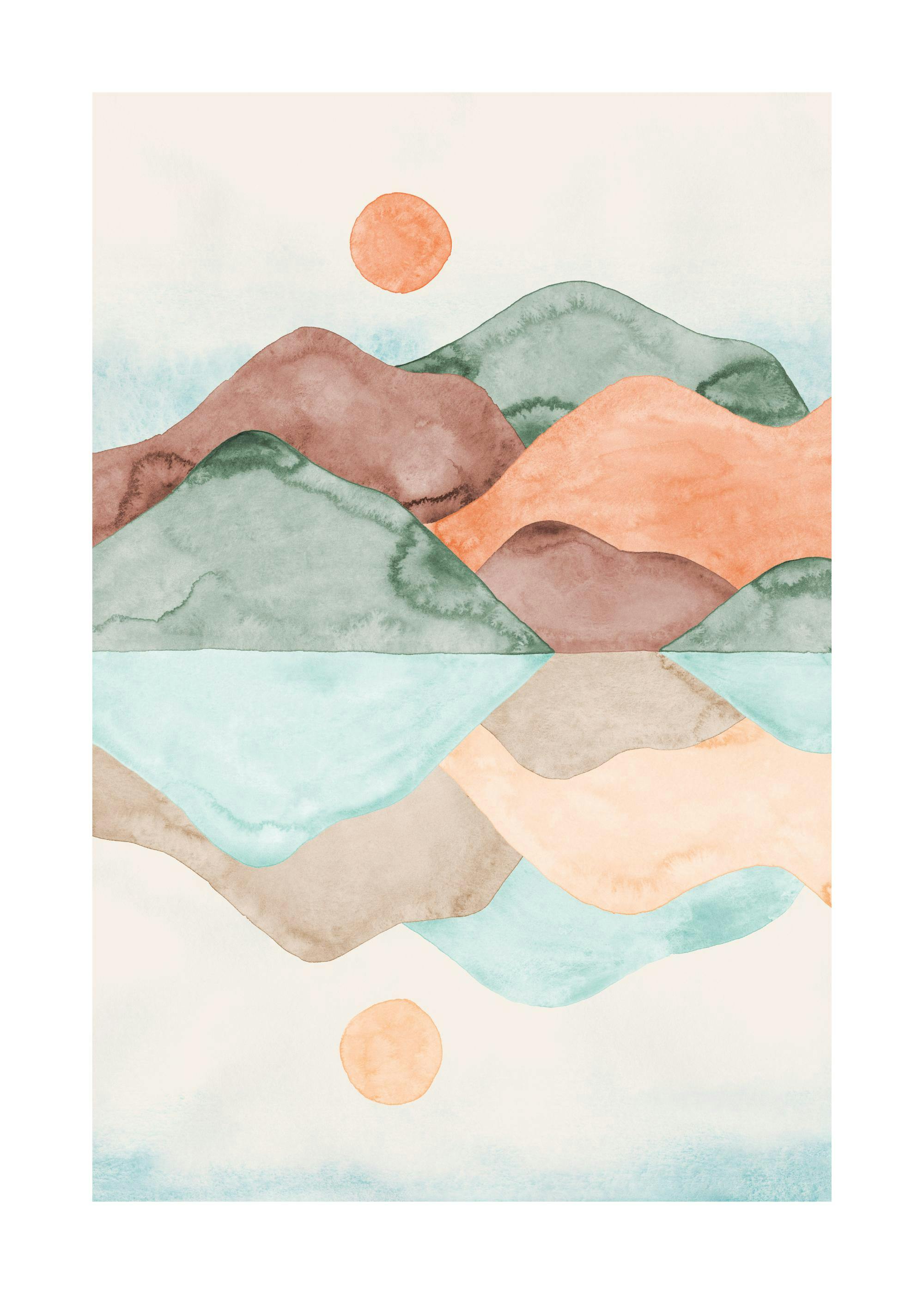 A poster featuring a watercolour landscape with brown and green hills reflecting in a blue body of water, under a peach sun.