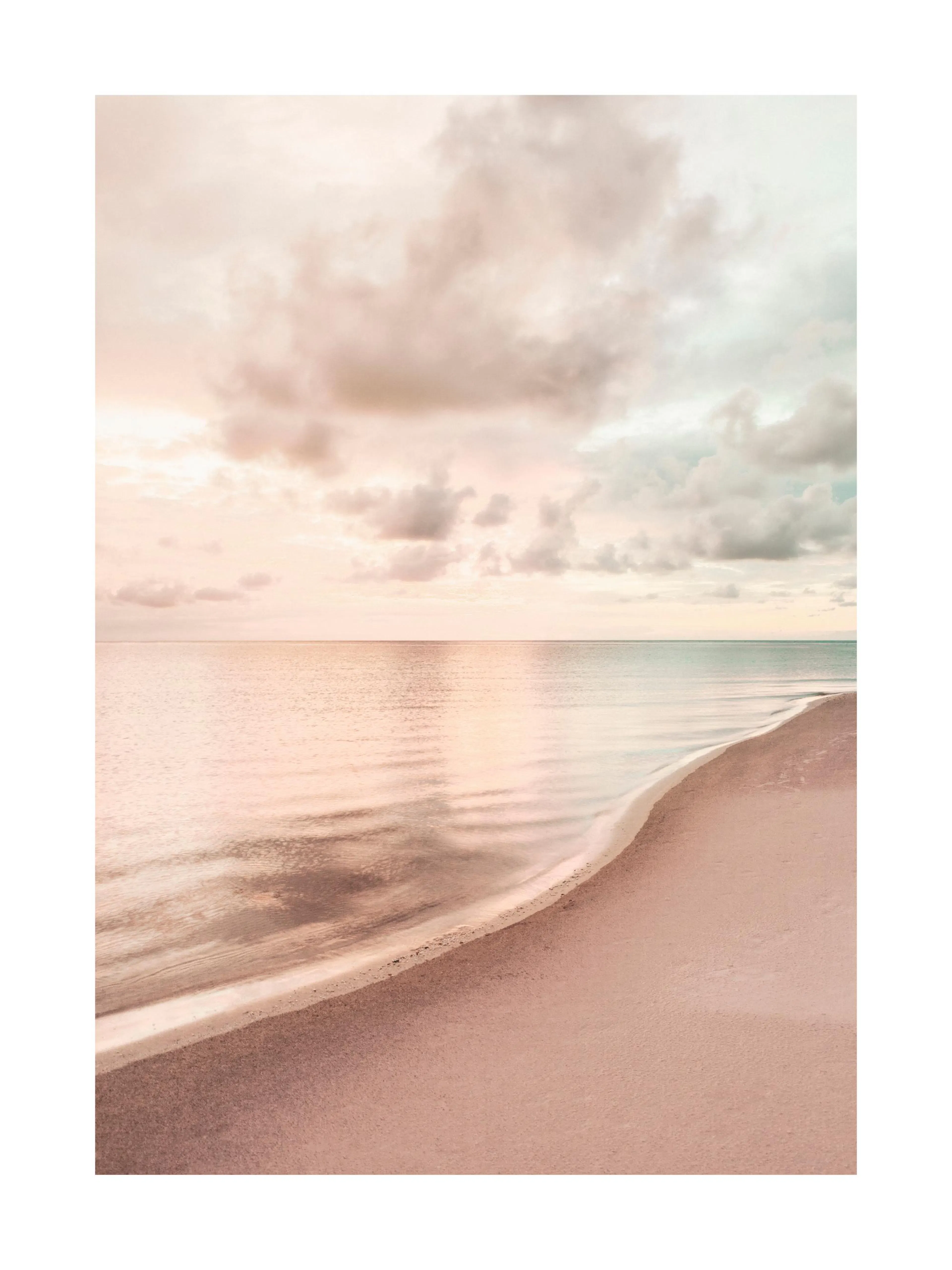 A poster depicting a serene beach scene with a soft pink sandy shore curving into calm, pale blue water under a cloudy pastel sk