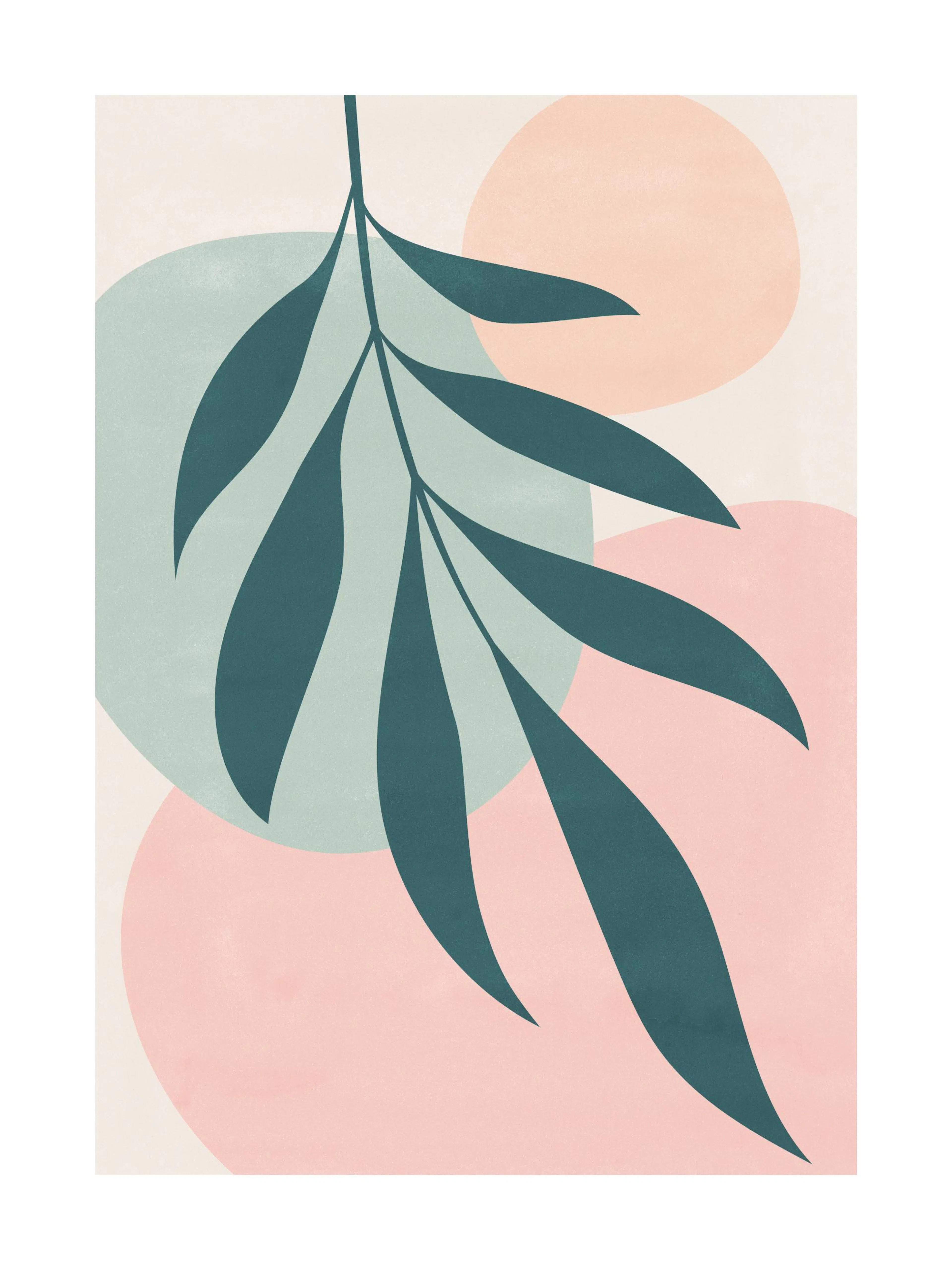 Un poster con una foglia verde scuro su sfondo beige con forme astratte rosa e azzurre.