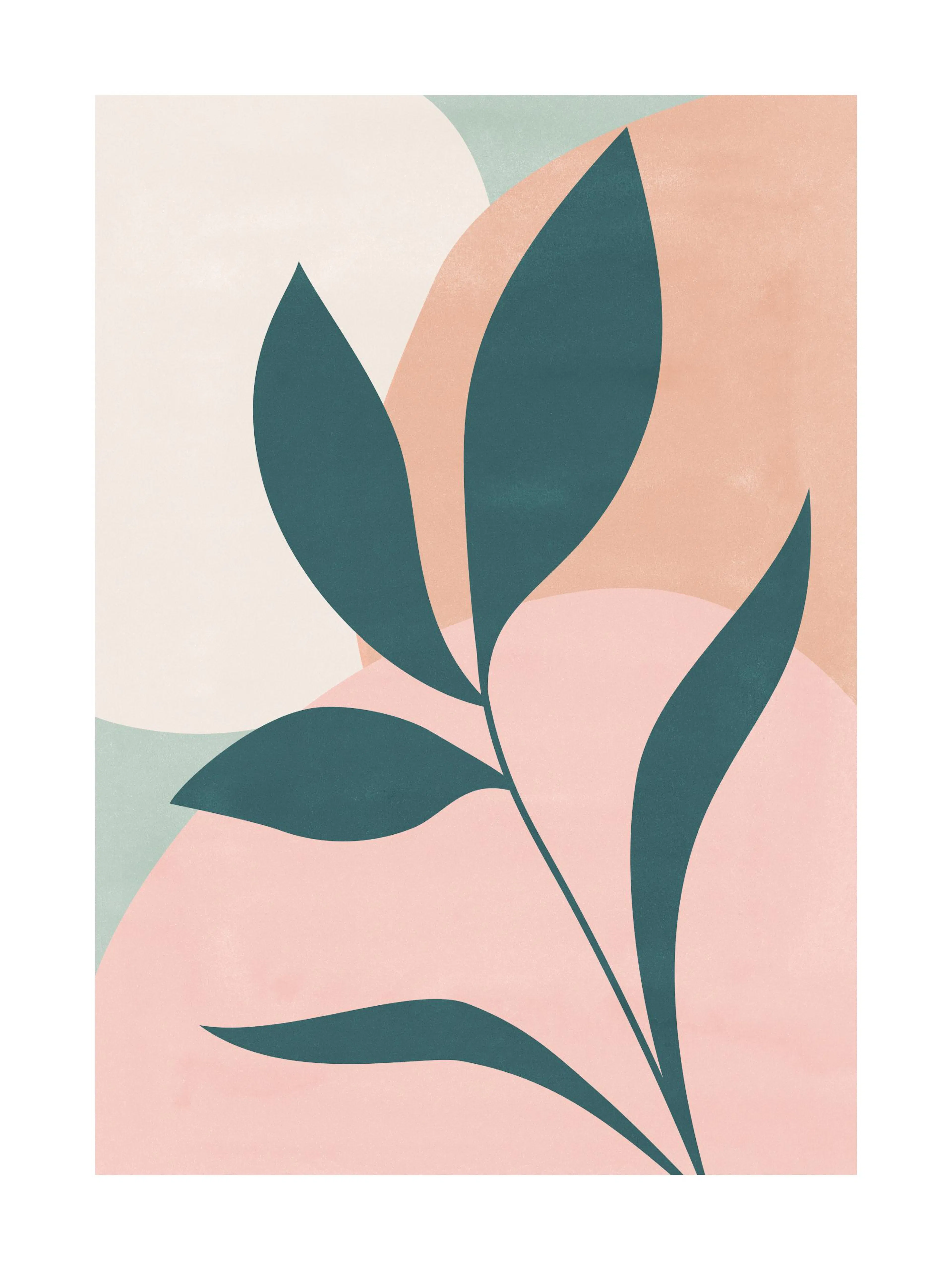 Poster con rami e foglie verdi su uno sfondo astratto con forme rosa e beige.