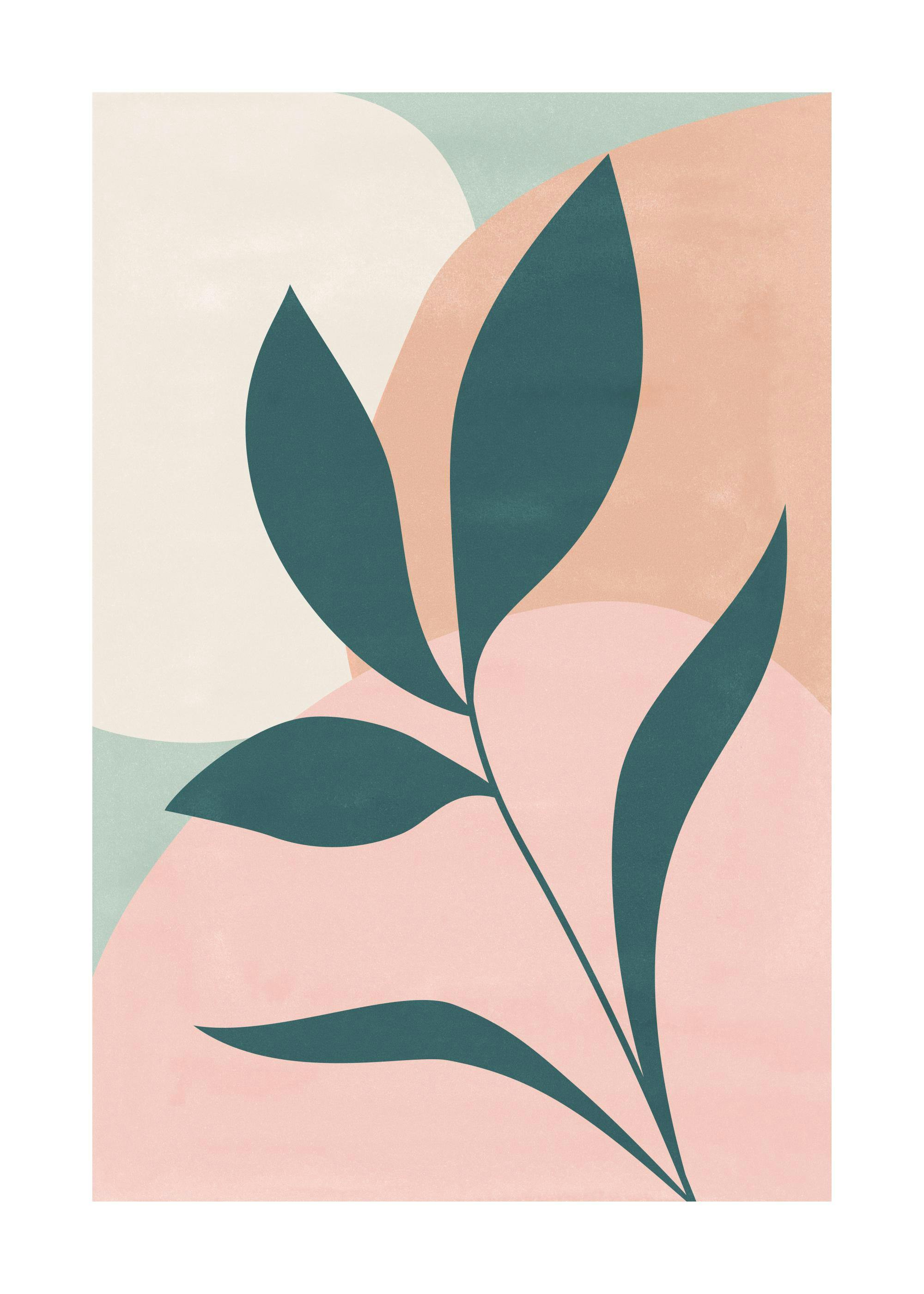 Poster avec une branche aux feuilles vertes sur un fond abstrait rose, beige et vert clair.